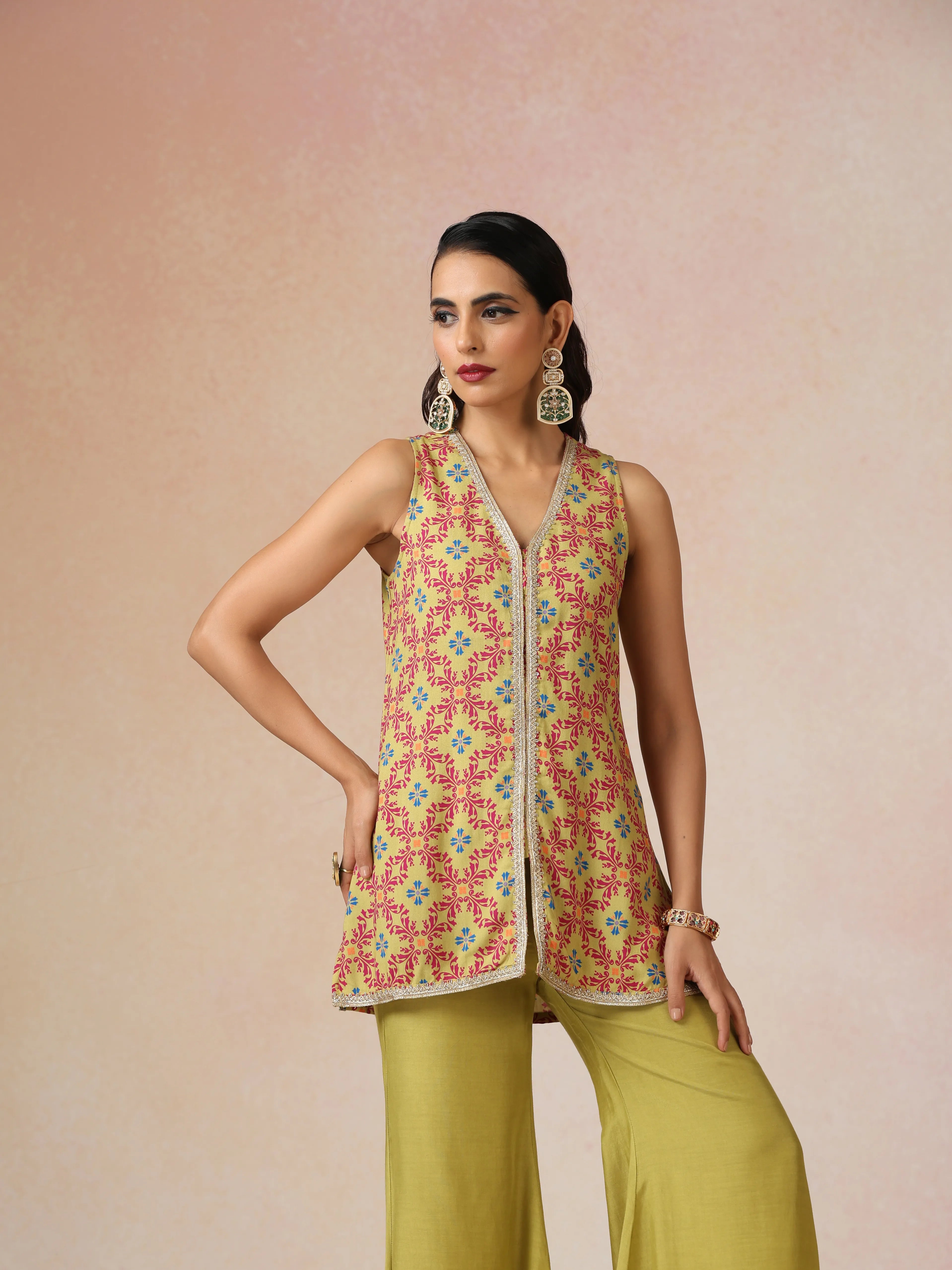 trueBrowns Light Green Pink Jaal Print Viscose Jacket and Flared Pants Co-ord Set