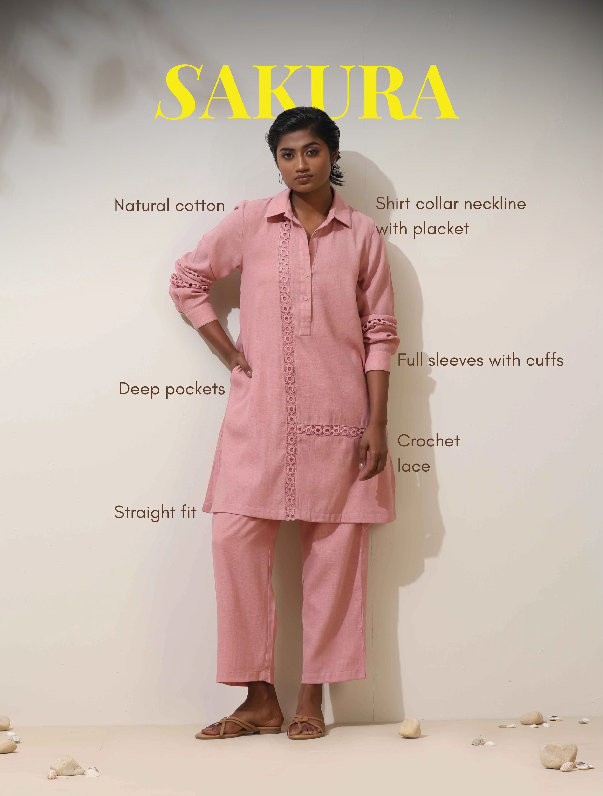 trueBrowns Sakura Pink Natural Cotton Kurta Co-ord Set