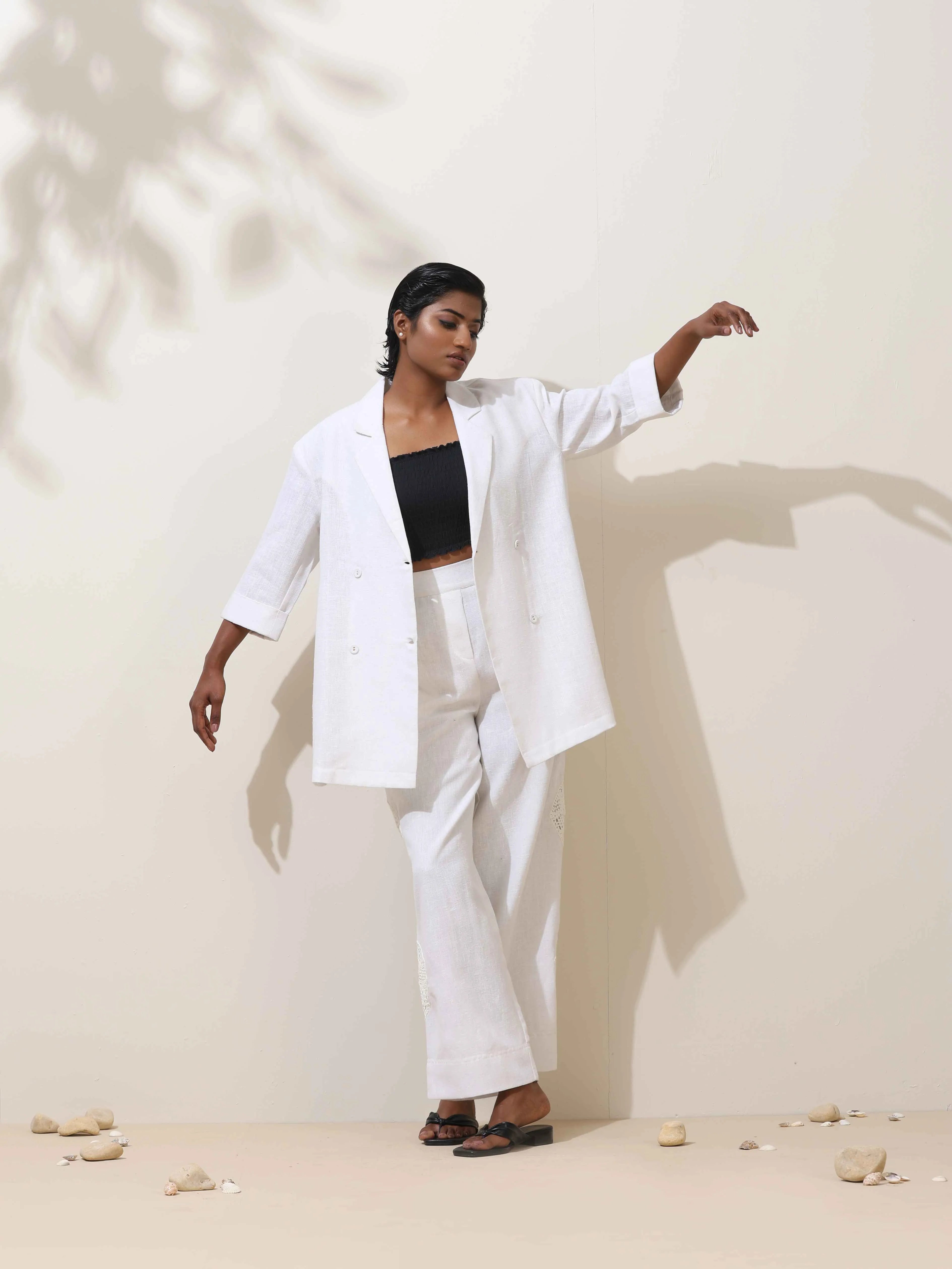 trueBrowns Indus White Crochet Natural Cotton Blazer Co-ord Set