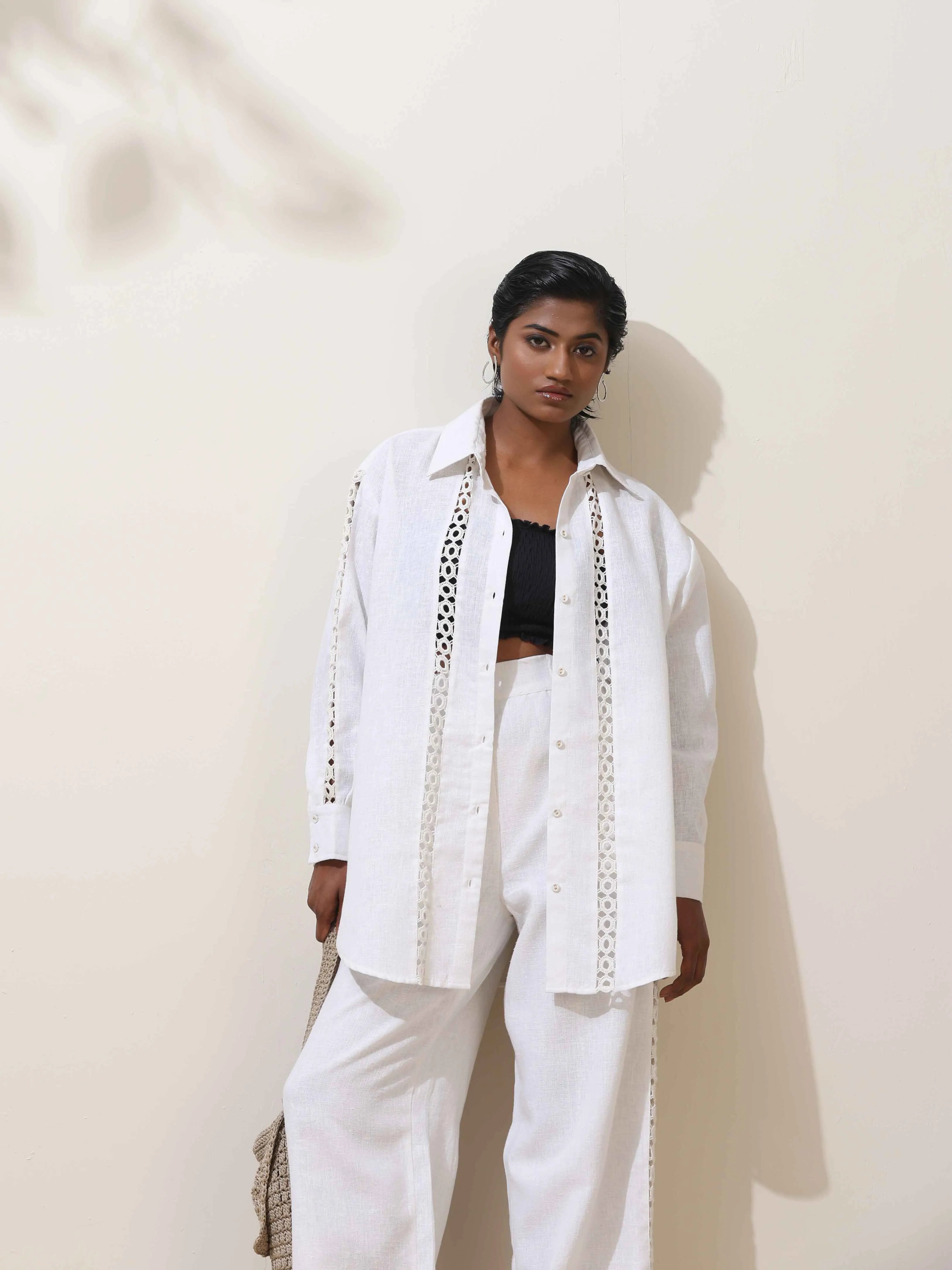 trueBrowns Attar White Crochet Natural Cotton Shirt Co-ord Set