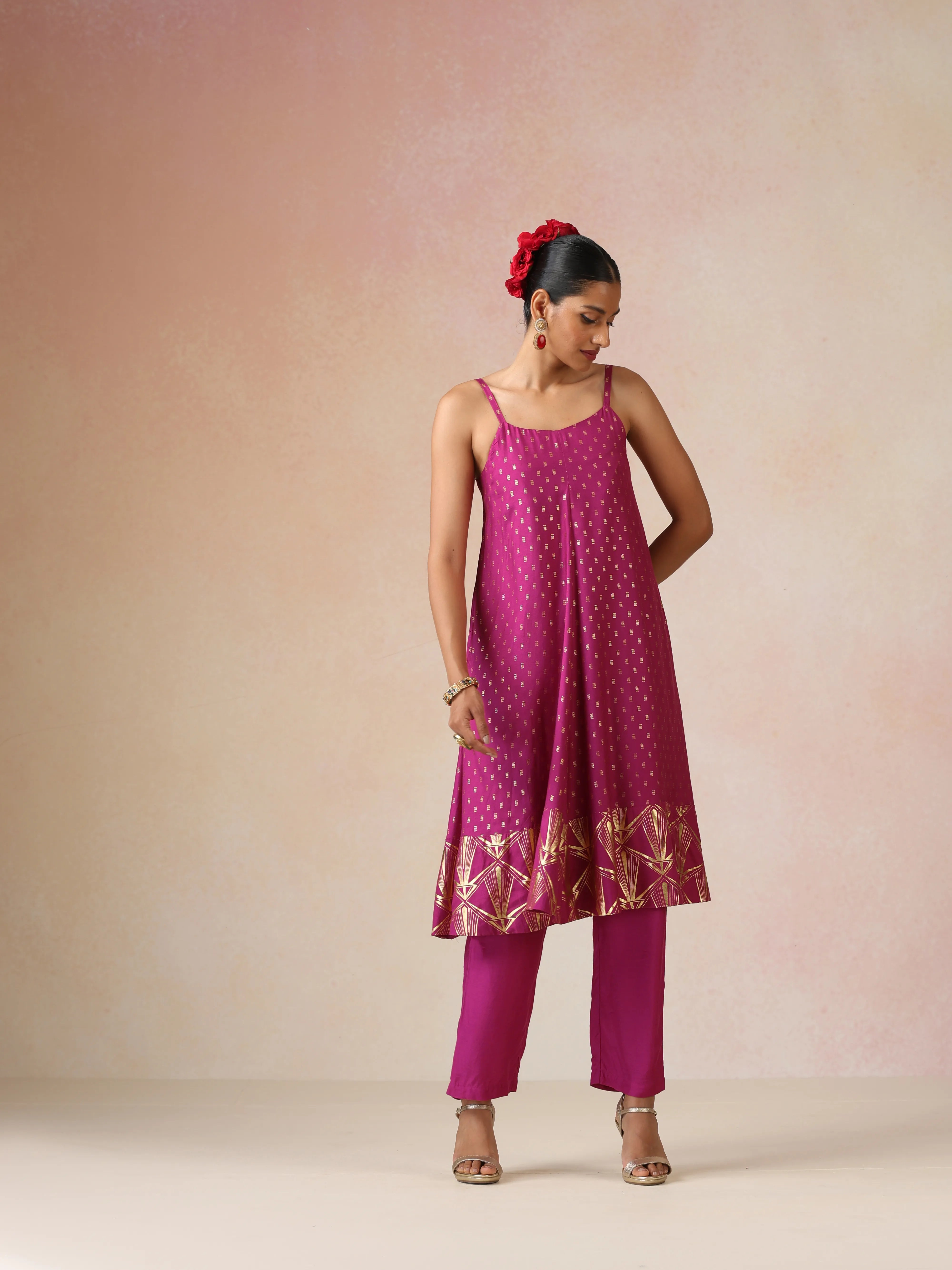 trueBrowns Pink Gold Foil Print Muslin Silk Flared Kurta Set