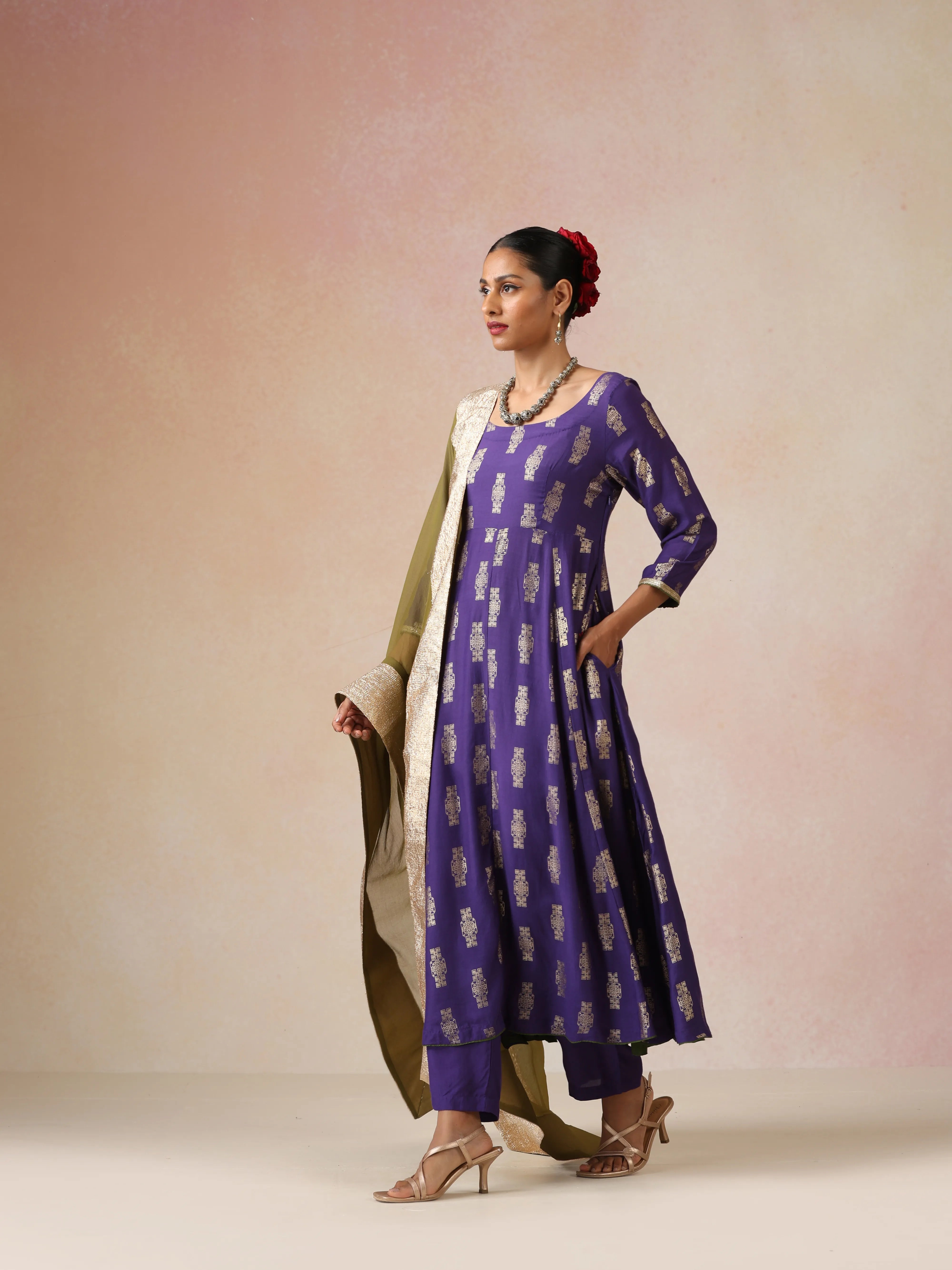 trueBrowns Purple Gold Foil Print Muslin Silk Anarkali Kurta Pants Dupatta Set