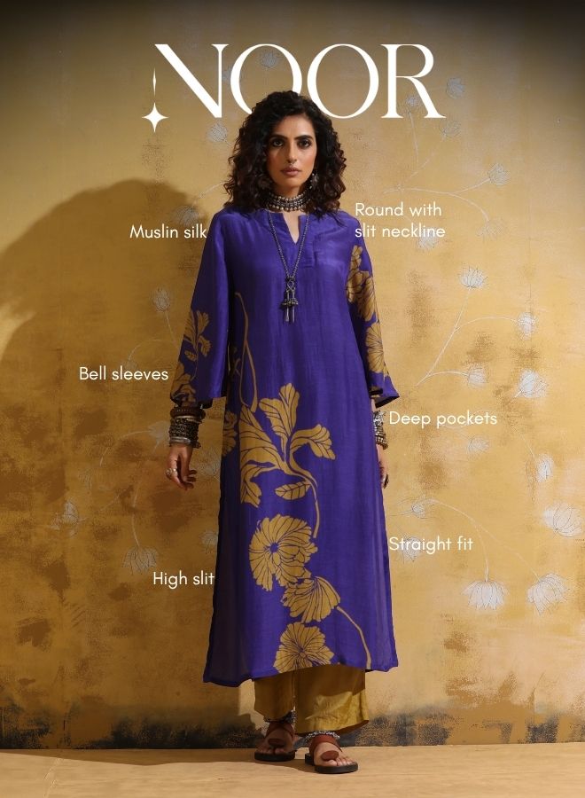 trueBrowns Purple Mustard Floral Print Muslin Silk High-Slit Kurta Set