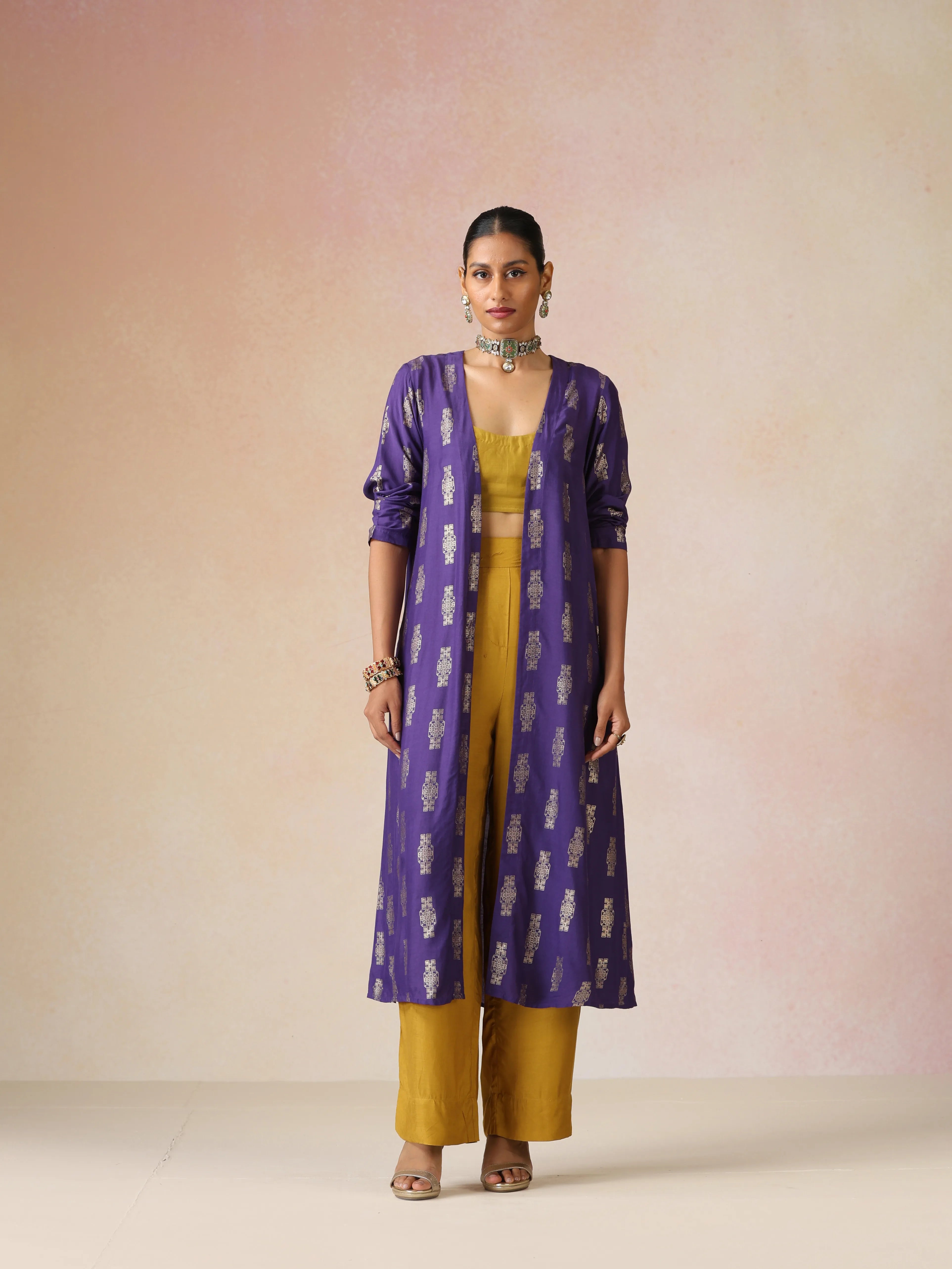 trueBrowns Mustard and Purple Gold Foil Print Muslin Silk Jacket Set