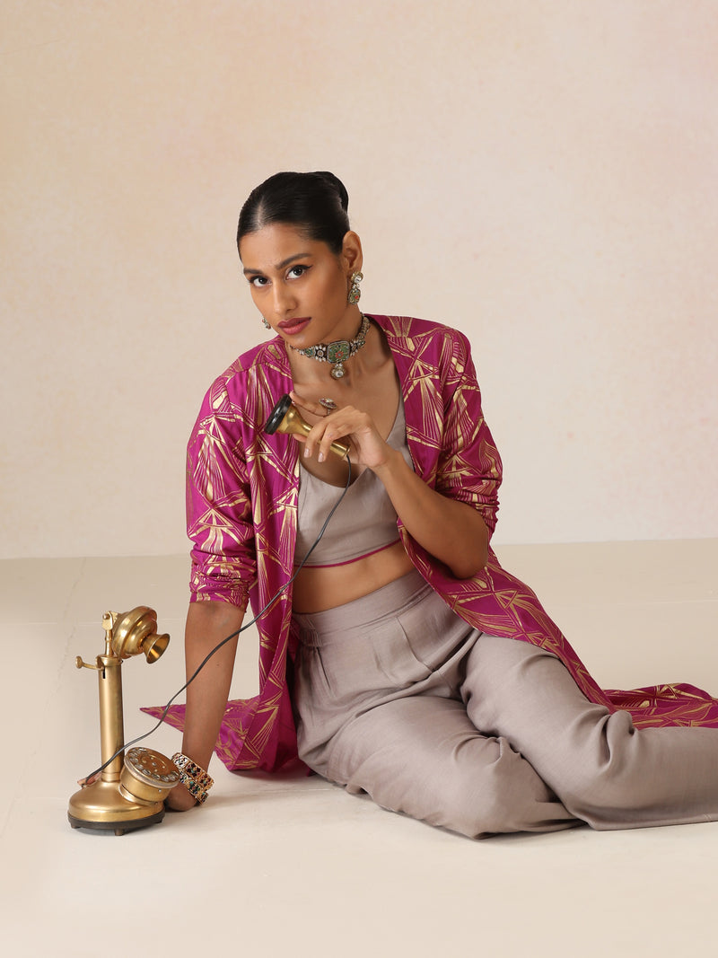 trueBrowns Grey and Pink Gold Foil Print Muslin Silk Jacket Set