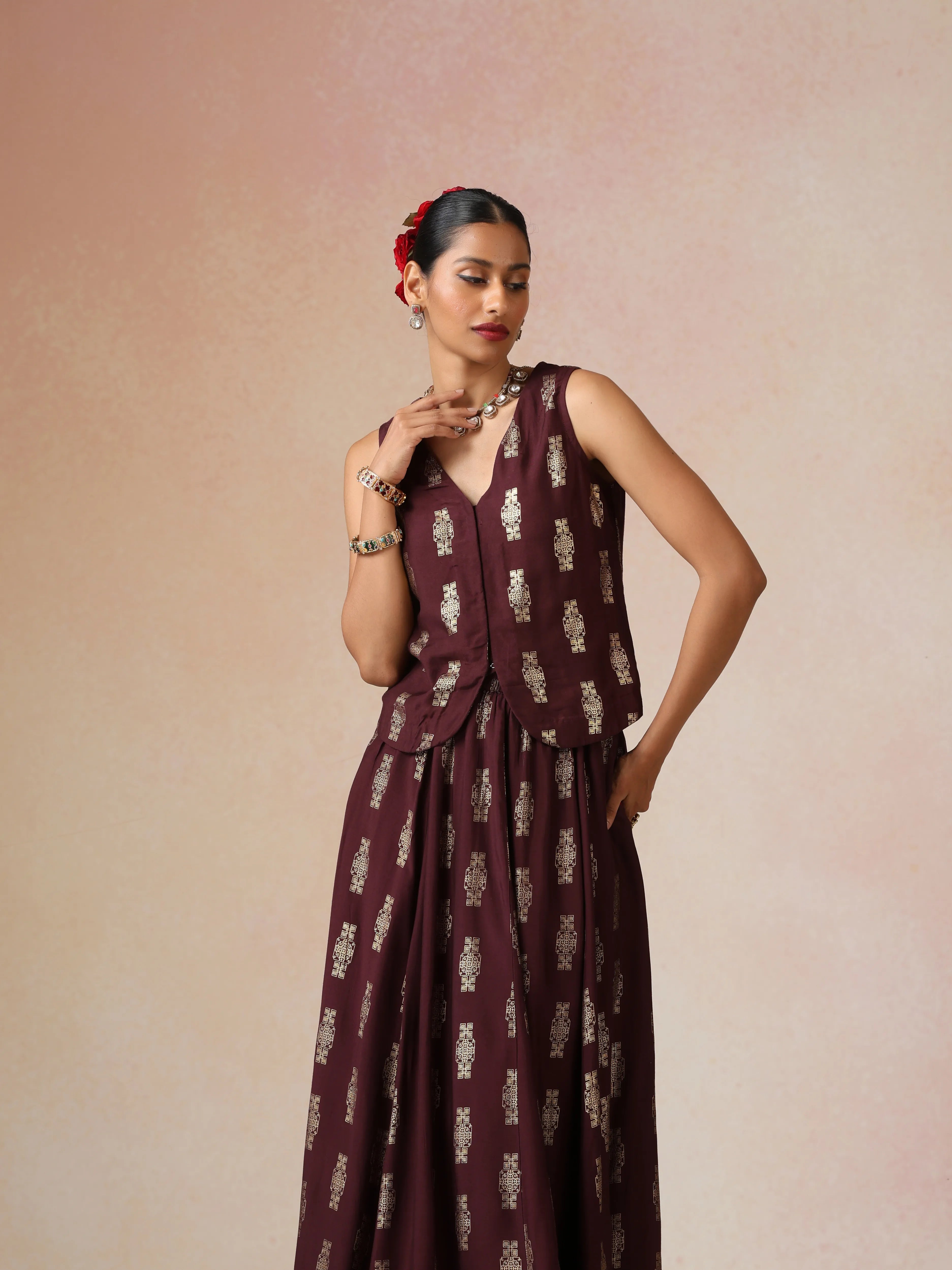 trueBrowns Cola Gold Foil Print Muslin Silk Jacket Skirt Co-ord Set