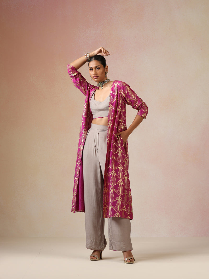 trueBrowns Grey and Pink Gold Foil Print Muslin Silk Jacket Set