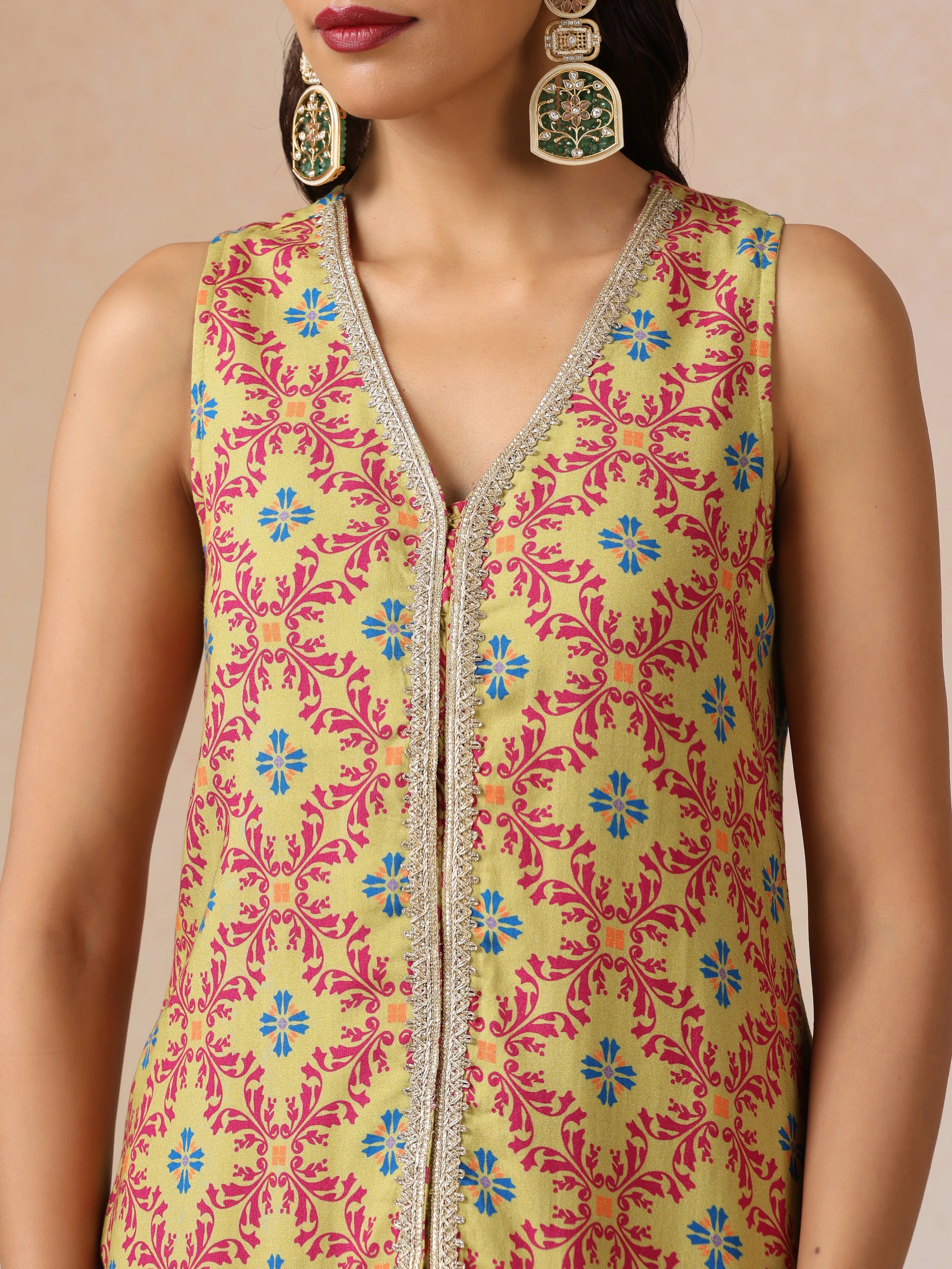 trueBrowns Light Green Pink Jaal Print Viscose Jacket and Flared Pants Co-ord Set