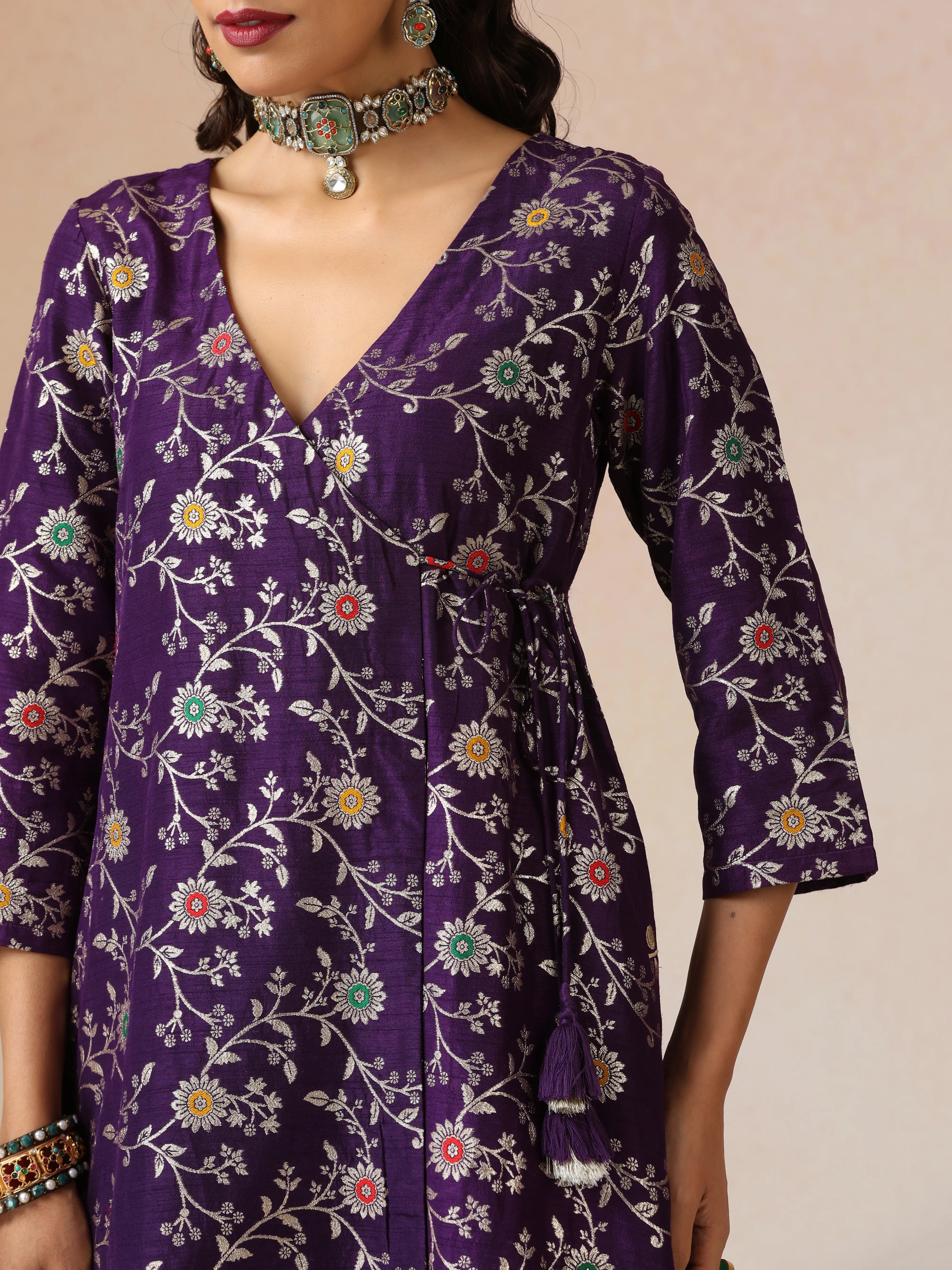  trueBrowns Purple Brocade Angrakha Kurta Set
