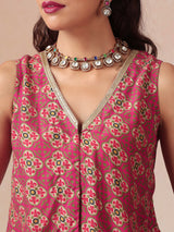 trueBrowns Pink Print Viscose Jacket Skirt Co-ord Set