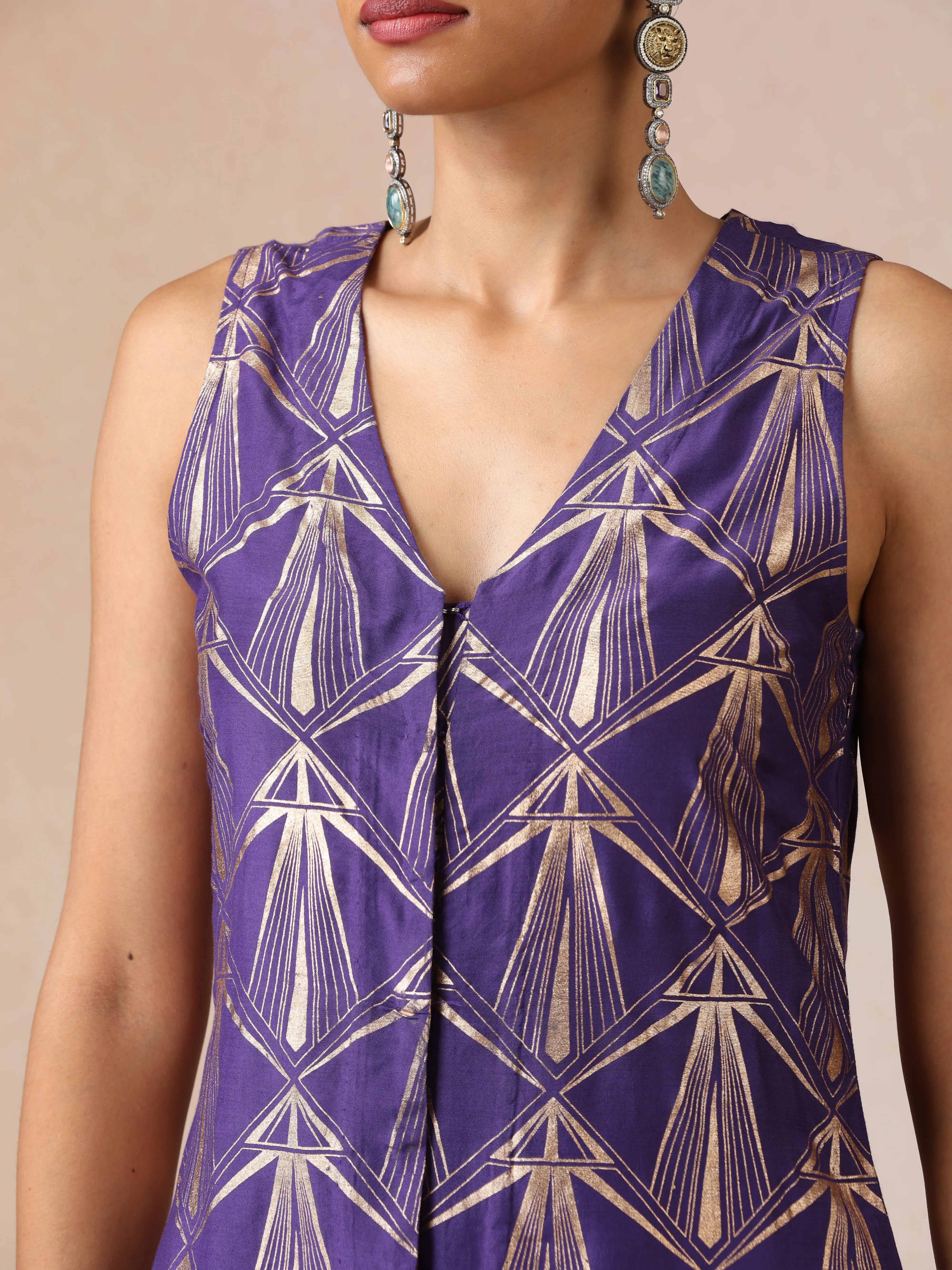 trueBrowns Purple Rose-Gold Foil Print Jacket and Flared Pants Co-ord Set