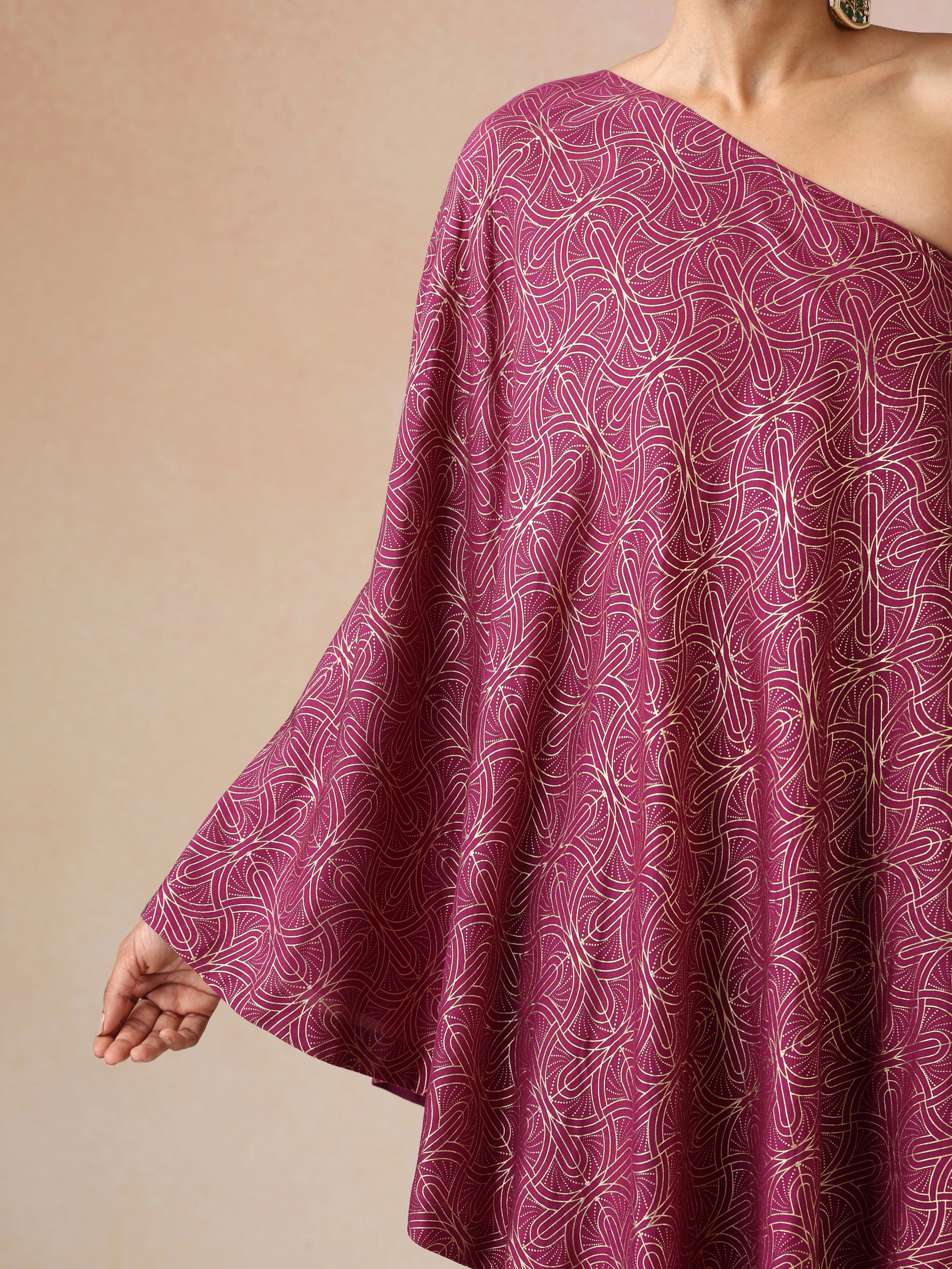 trueBrowns Magenta Gold Foil Print Muslin Silk Asymmetric One-Shoulder Kurta Co-ord Set