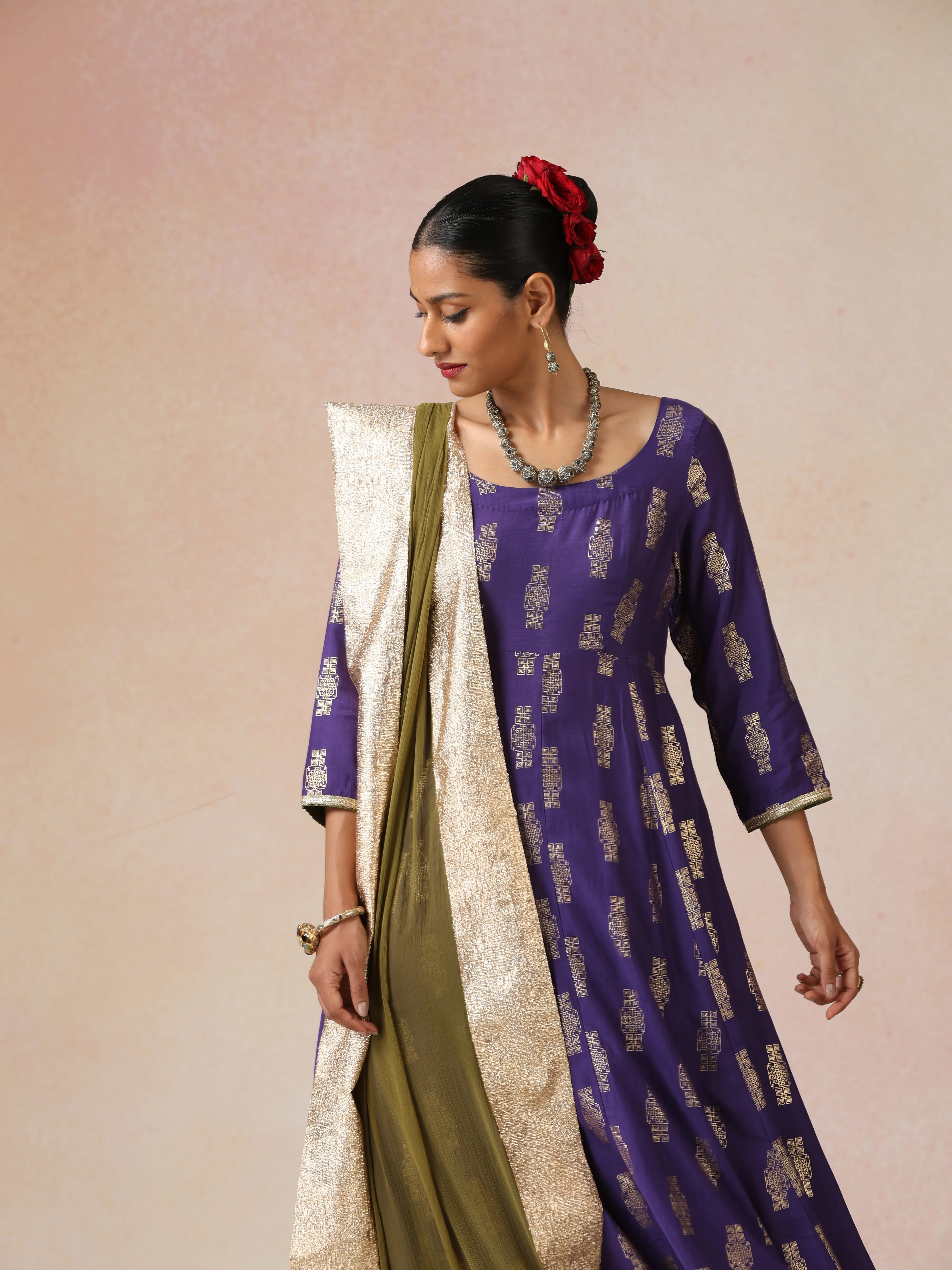 trueBrowns Purple Gold Foil Print Muslin Silk Anarkali Kurta Pants Dupatta Set