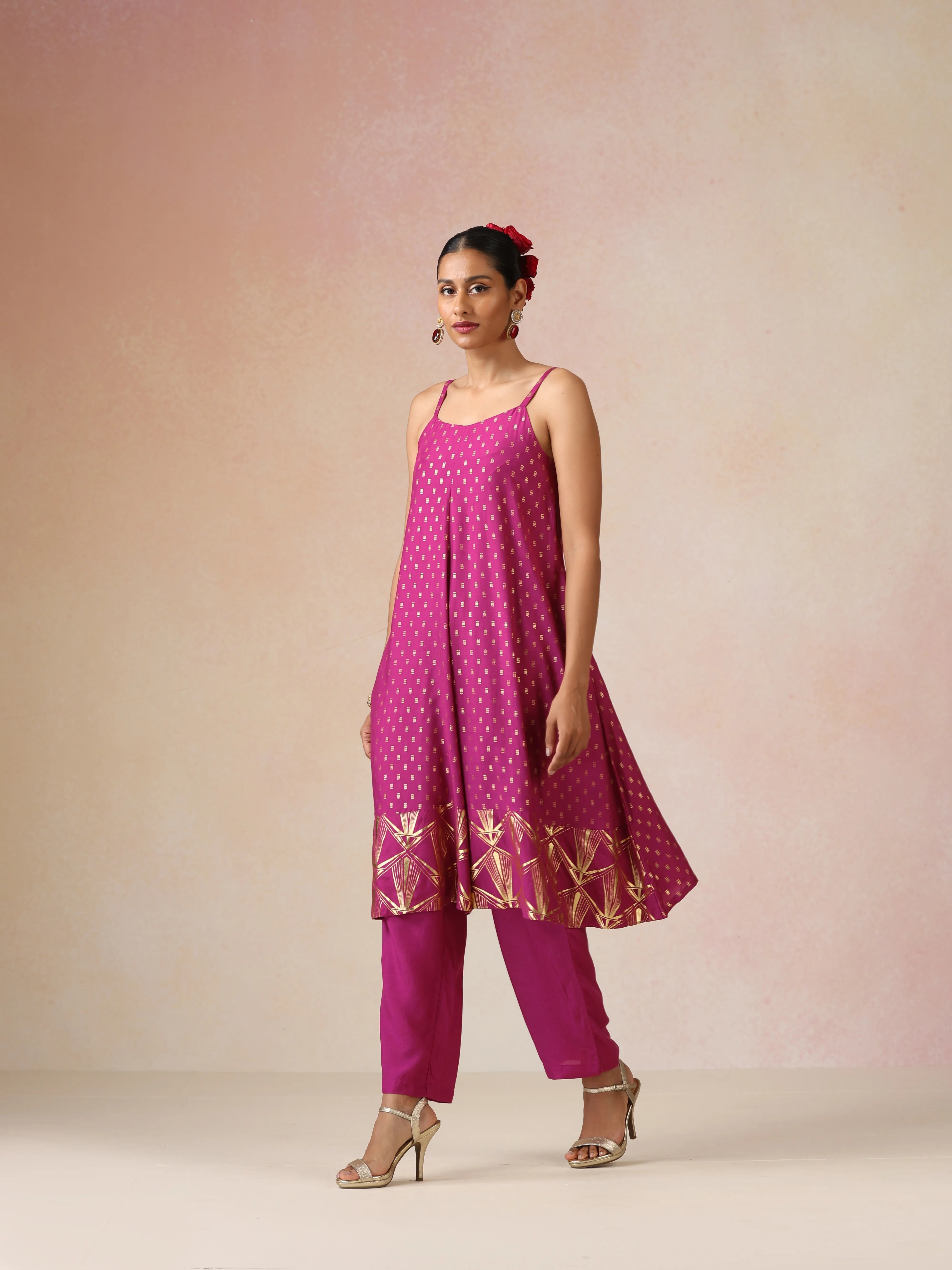 trueBrowns Pink Gold Foil Print Muslin Silk Flared Kurta Set