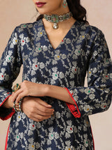 trueBrowns Blue Brocade Straight High-Slit Kurta Set