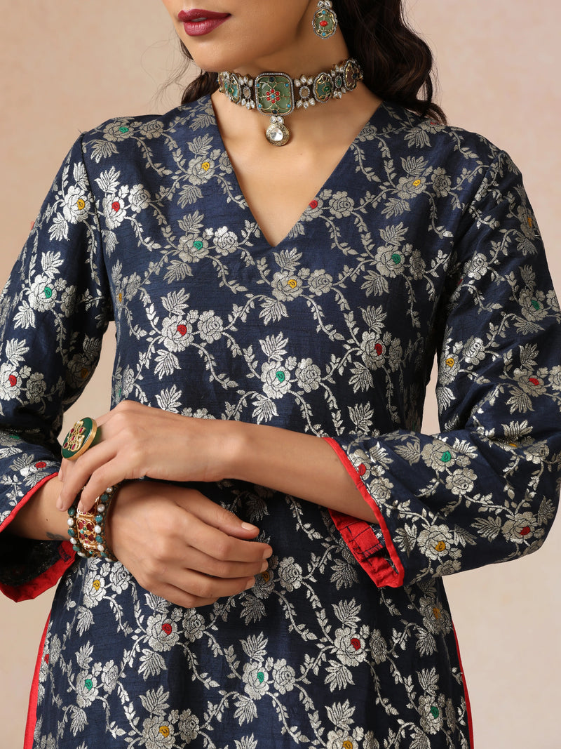 trueBrowns Blue Brocade Straight High-Slit Kurta Set
