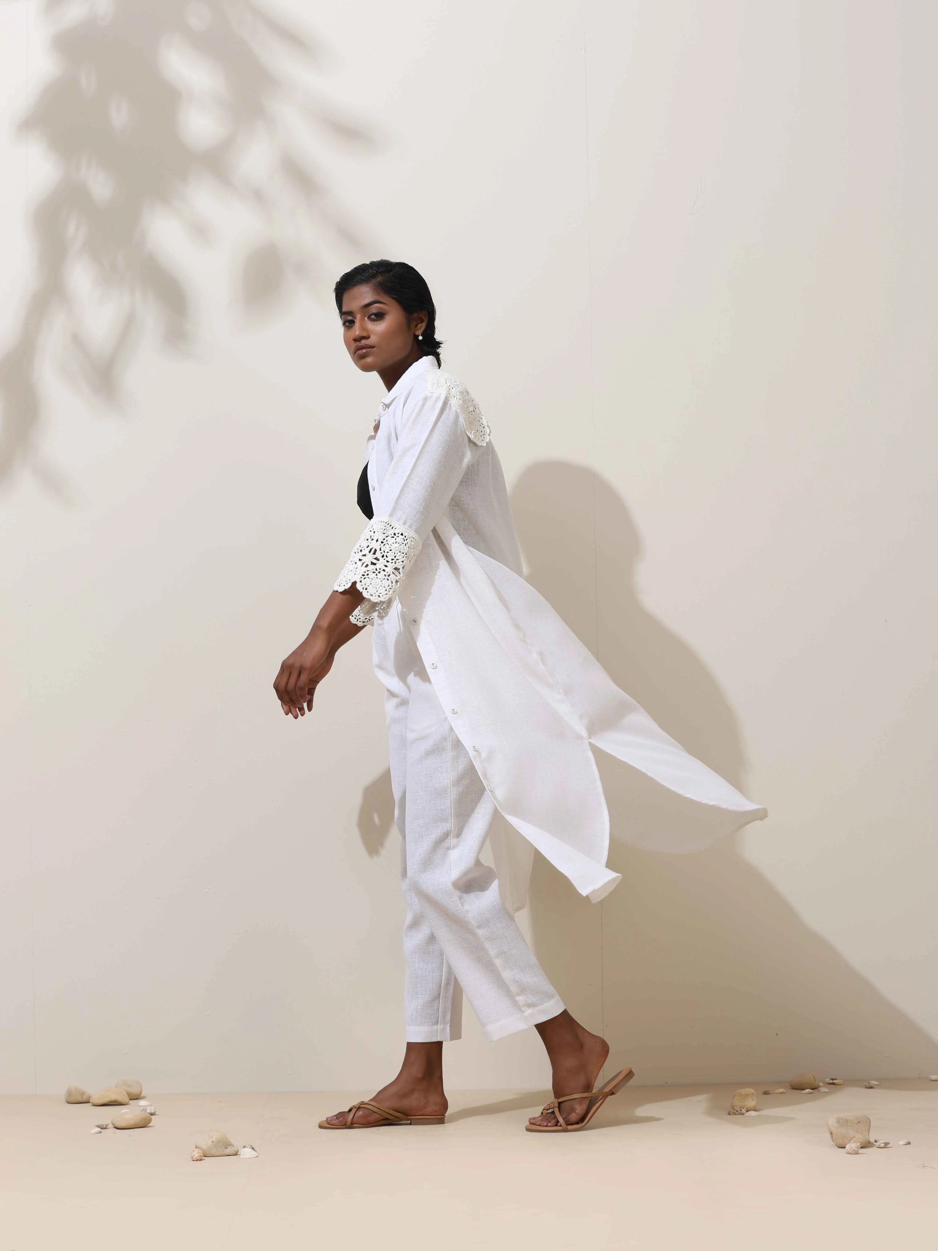 trueBrowns Luna White Crochet Natural Cotton Kurta Pant Set