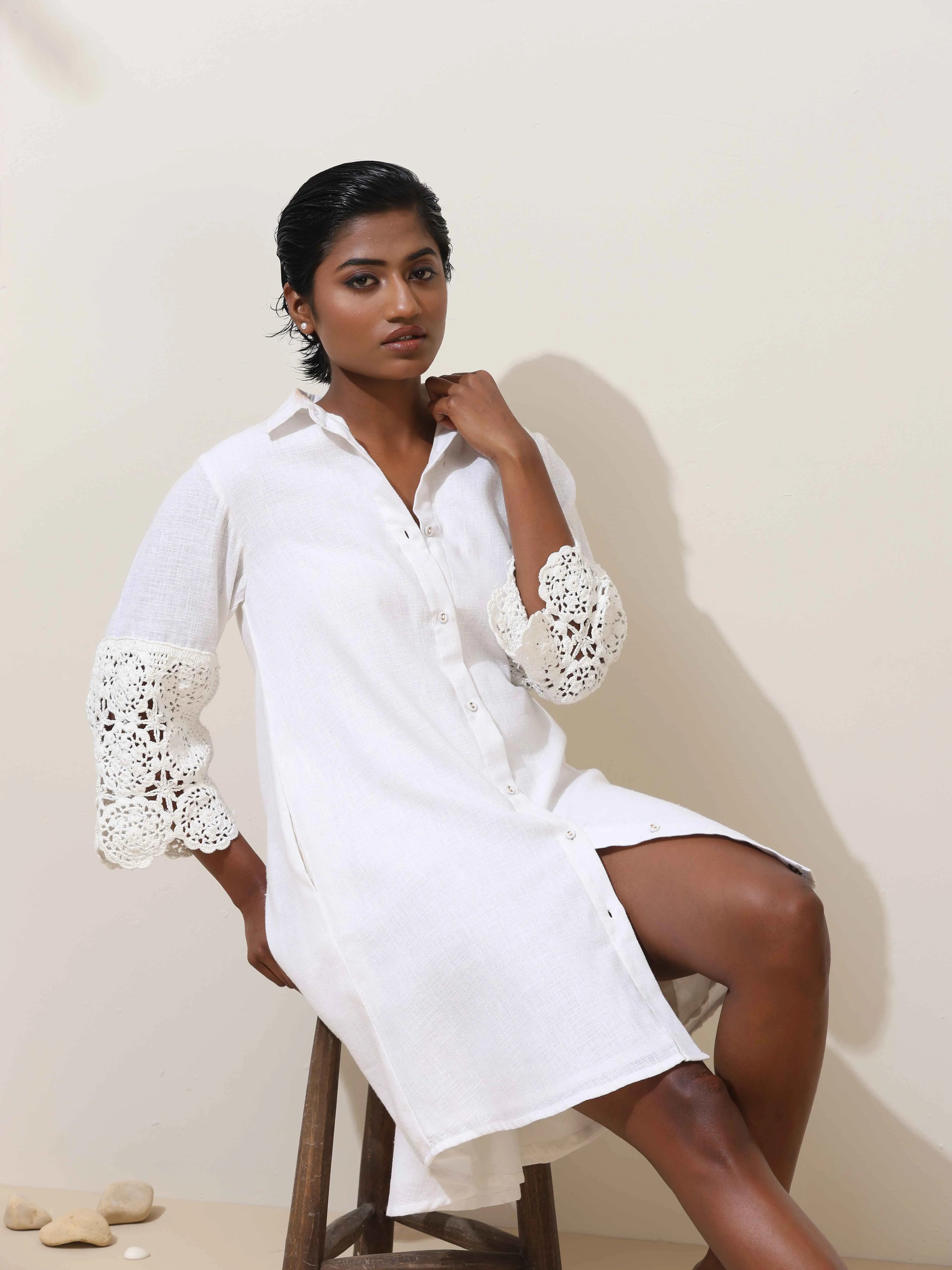 trueBrowns Neroli White Crochet Natural Cotton Short Dress