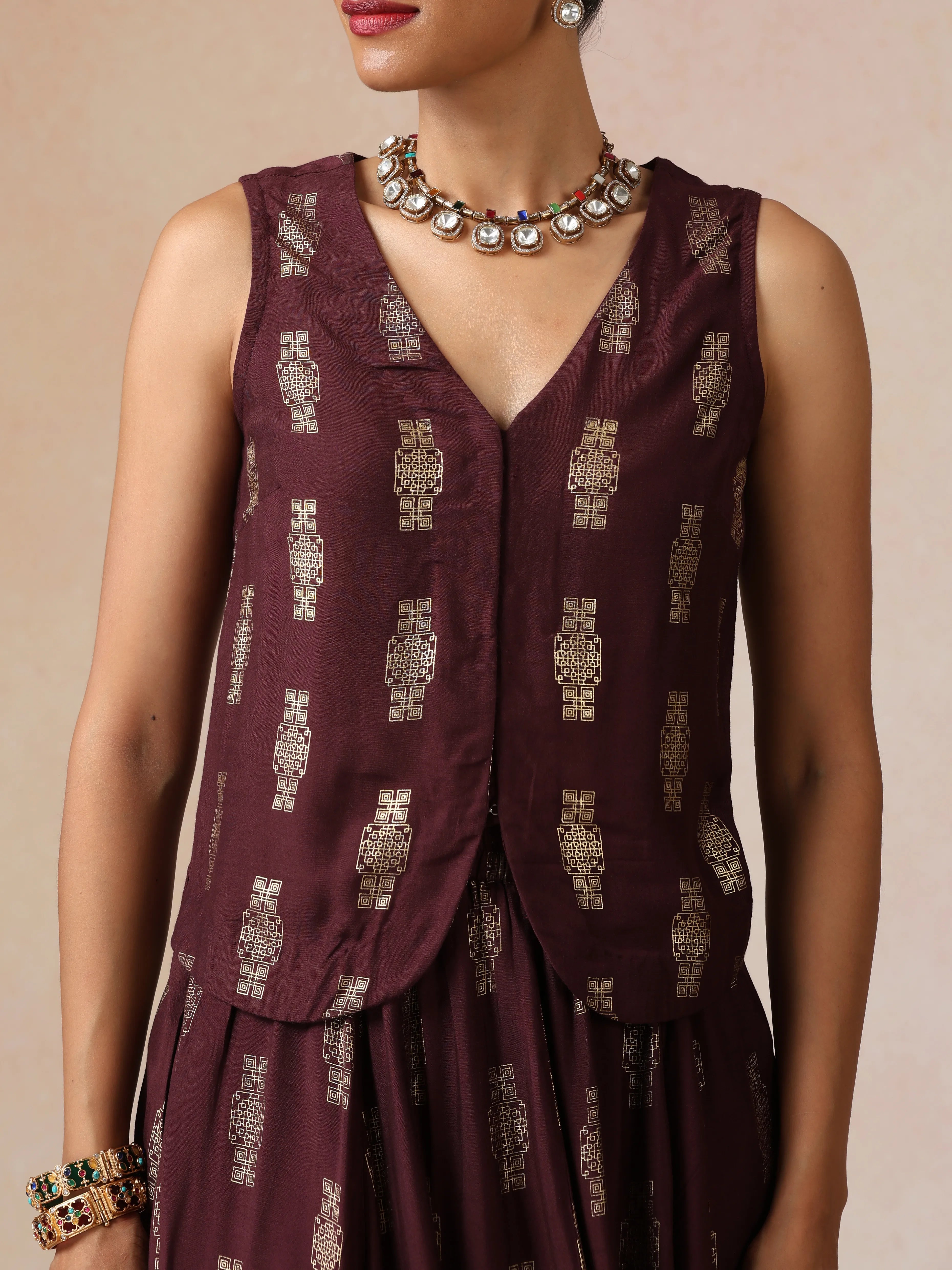 trueBrowns Cola Gold Foil Print Muslin Silk Jacket Skirt Co-ord Set