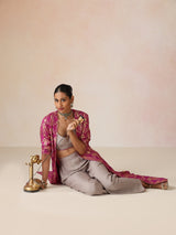 trueBrowns Grey and Pink Gold Foil Print Muslin Silk Jacket Set