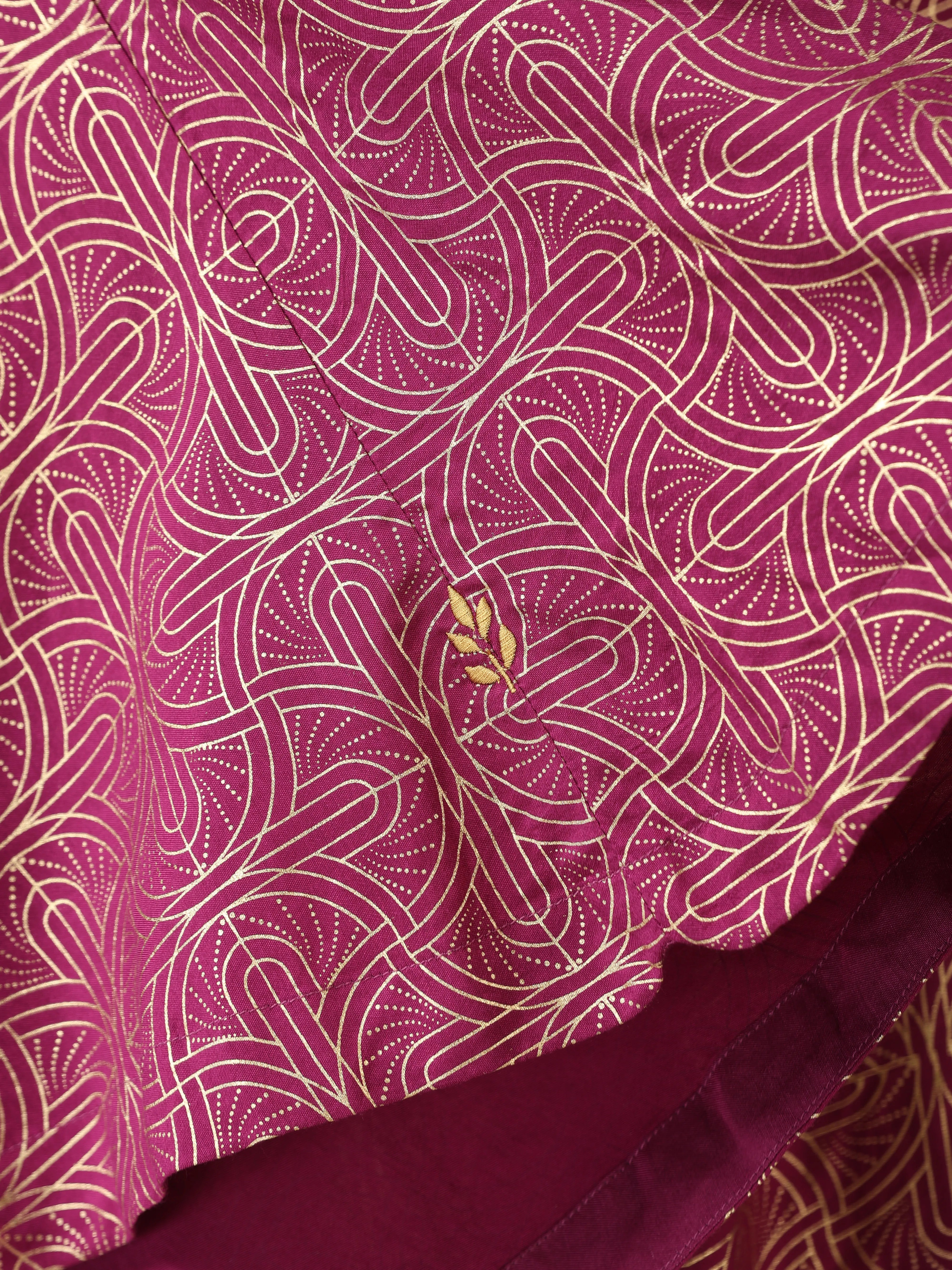 trueBrowns Magenta Gold Foil Print Muslin Silk Asymmetric One-Shoulder Kurta Co-ord Set