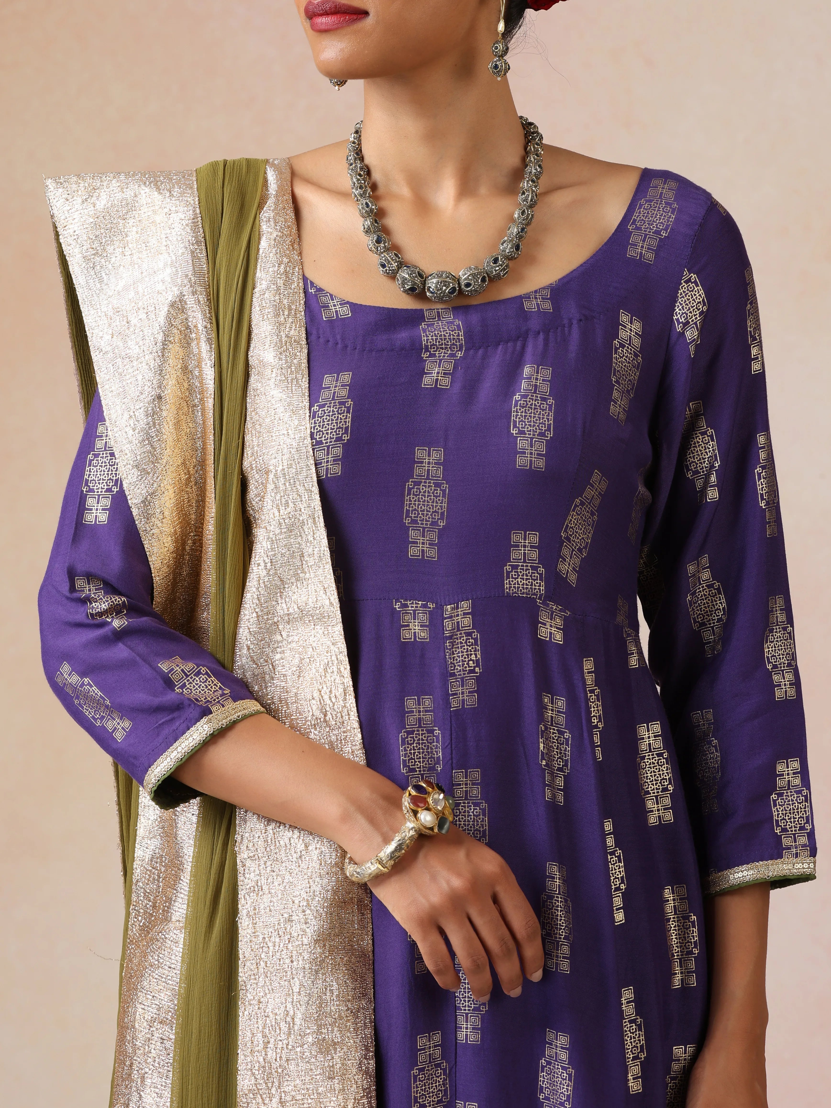 trueBrowns Purple Gold Foil Print Muslin Silk Anarkali Kurta Pants Dupatta Set