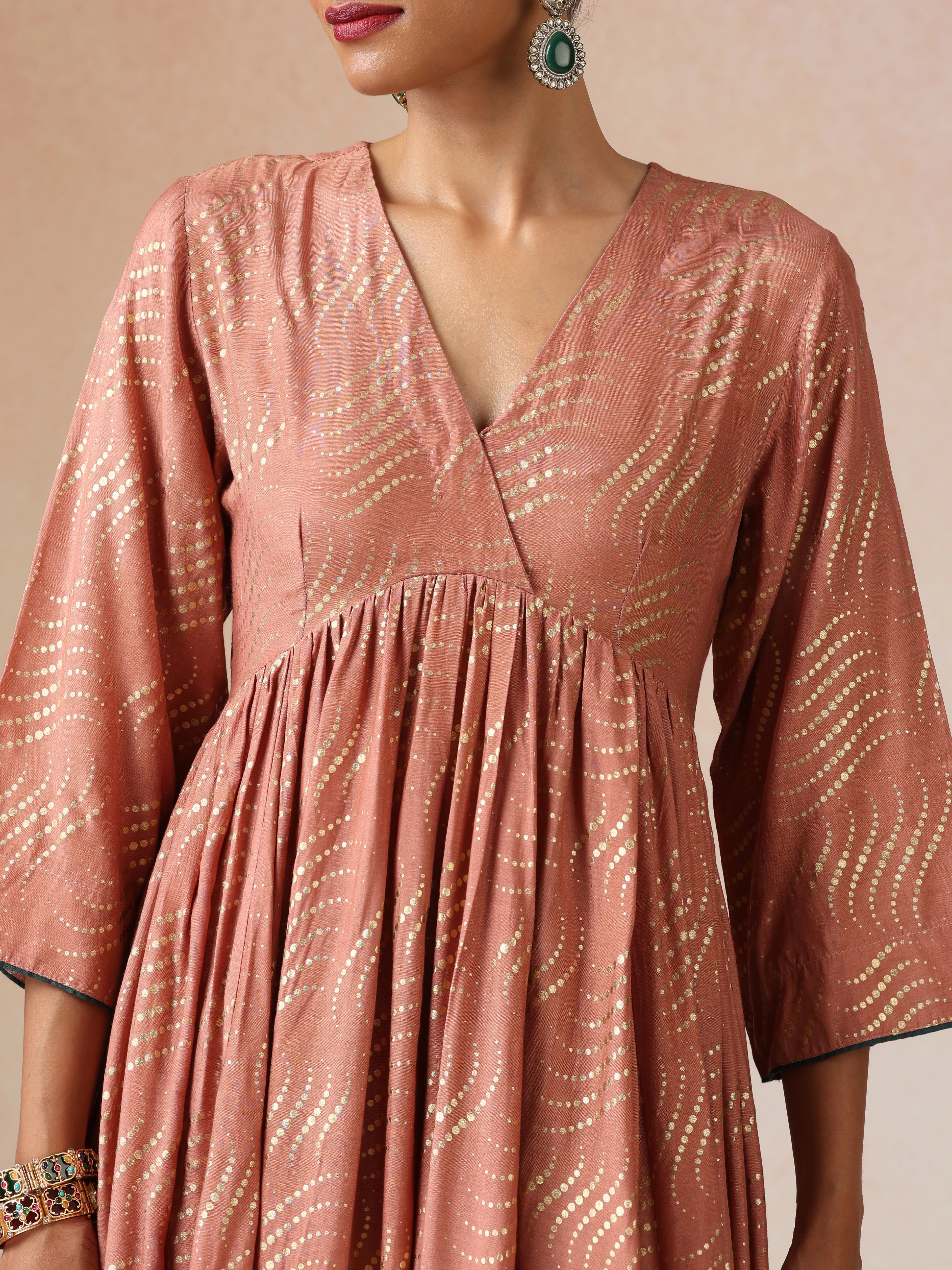 trueBrowns Peach Gold Foil Print Muslin Silk Anarkali High-Slit Kurta Set