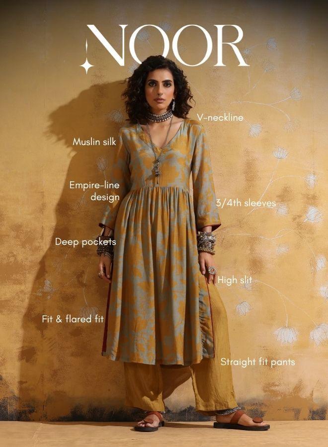 trueBrowns Mustard Jaal Print Muslin Silk High-Slit Fit and Flared Kurta Set