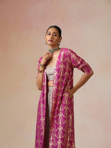 trueBrowns Grey and Pink Gold Foil Print Muslin Silk Jacket Set
