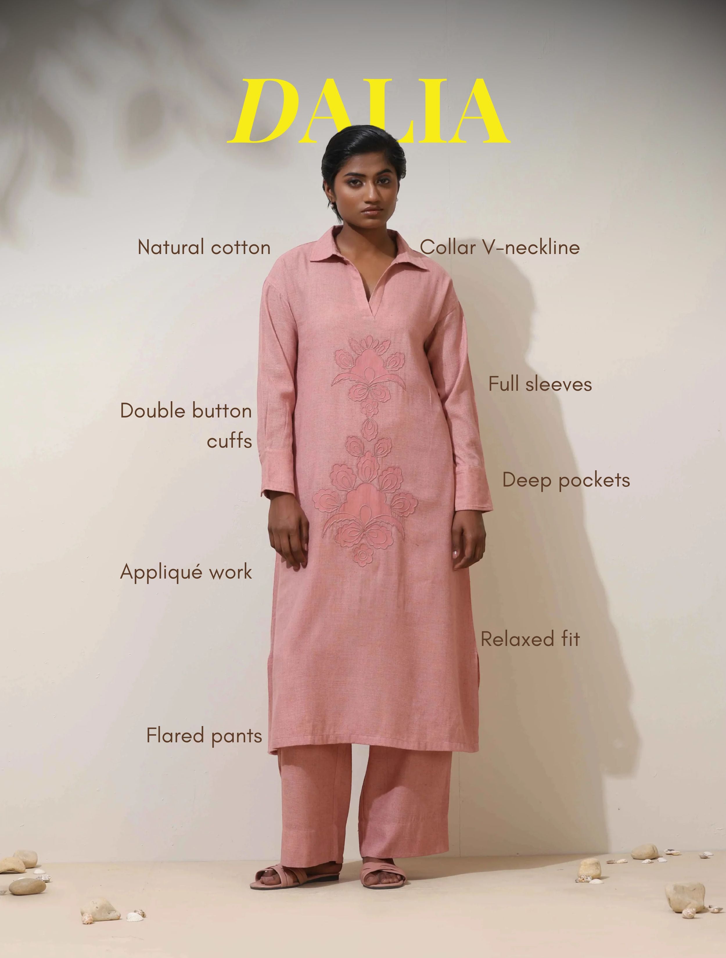 trueBrowns Dalia Pink Embroidered Natural Cotton Kurta Pant Set