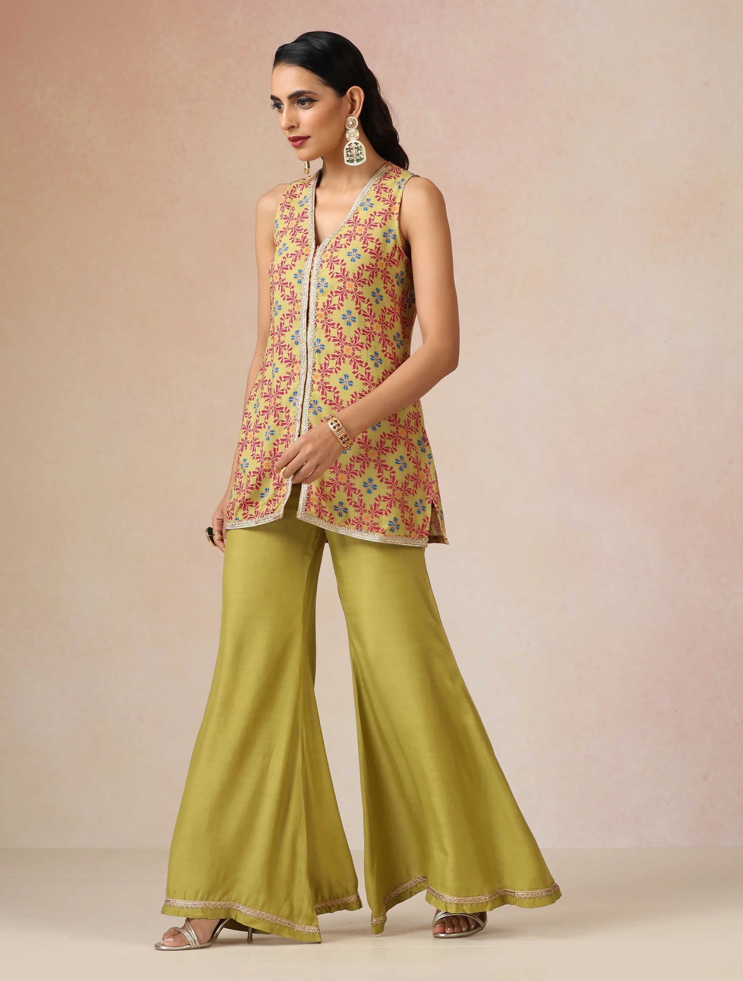 trueBrowns Light Green Pink Jaal Print Viscose Jacket and Flared Pants Co-ord Set