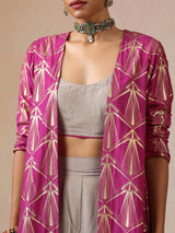 trueBrowns Grey and Pink Gold Foil Print Muslin Silk Jacket Set