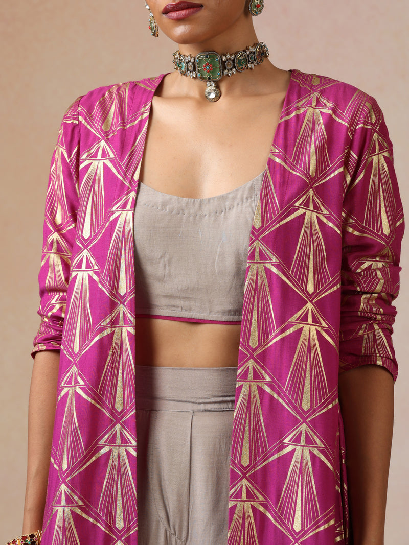 trueBrowns Grey and Pink Gold Foil Print Muslin Silk Jacket Set