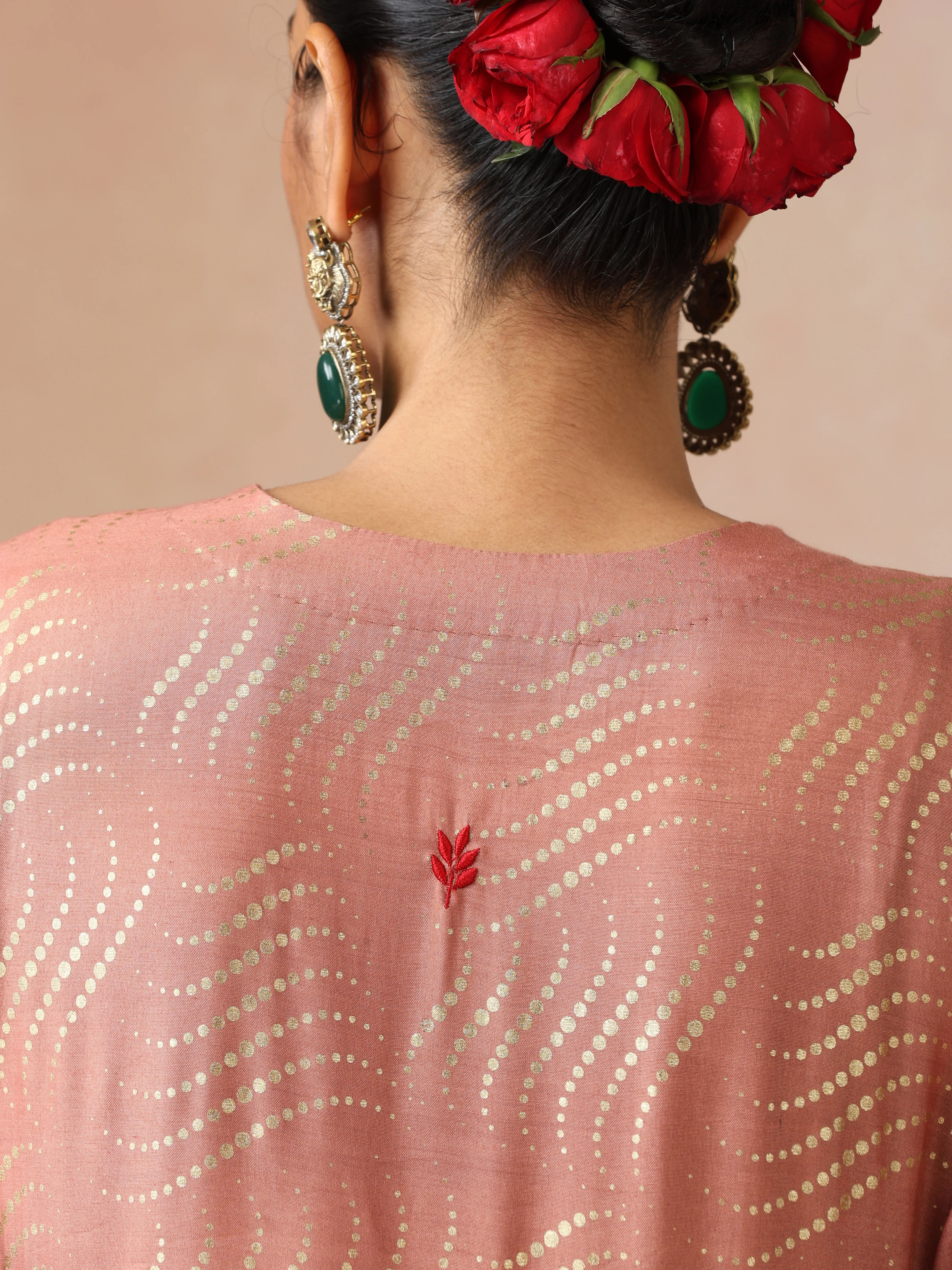 trueBrowns Peach Gold Foil Print Muslin Silk Anarkali High-Slit Kurta Set