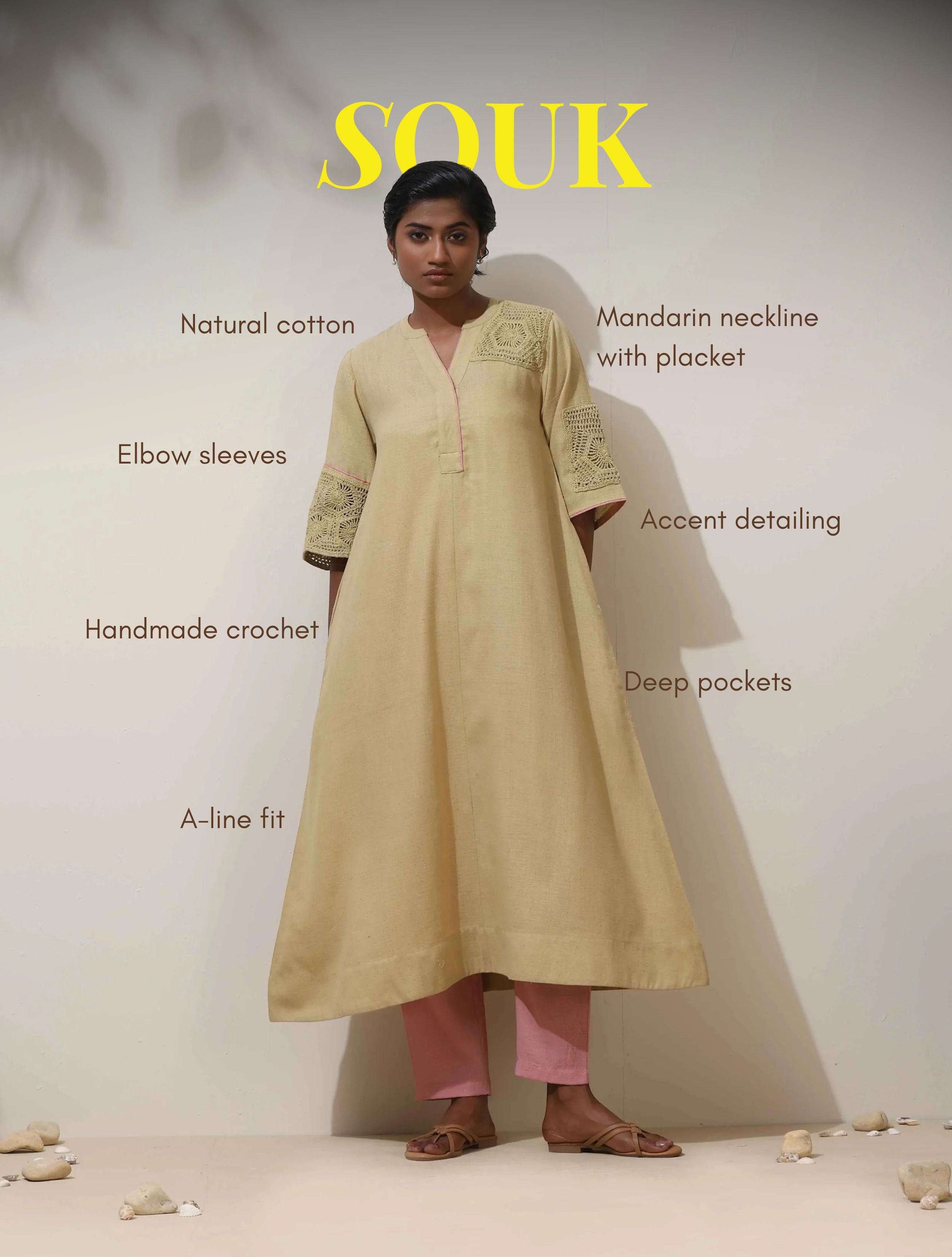trueBrowns Souk Yellow Crochet Natural Cotton Kurta Pant Set