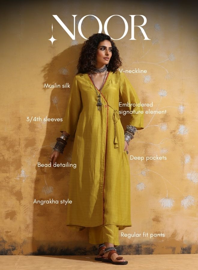 trueBrowns Lime Muslin Silk Angrakha Kurta Pant Set