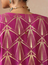 trueBrowns Grey and Pink Gold Foil Print Muslin Silk Jacket Set