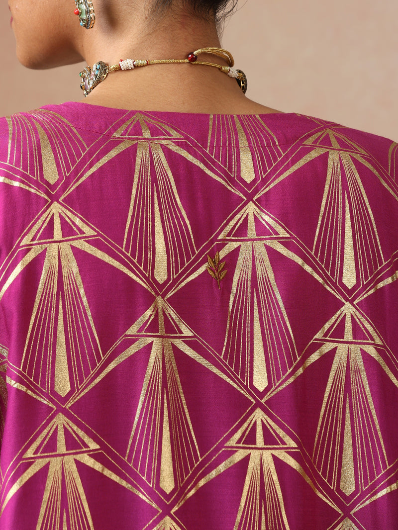 trueBrowns Grey and Pink Gold Foil Print Muslin Silk Jacket Set
