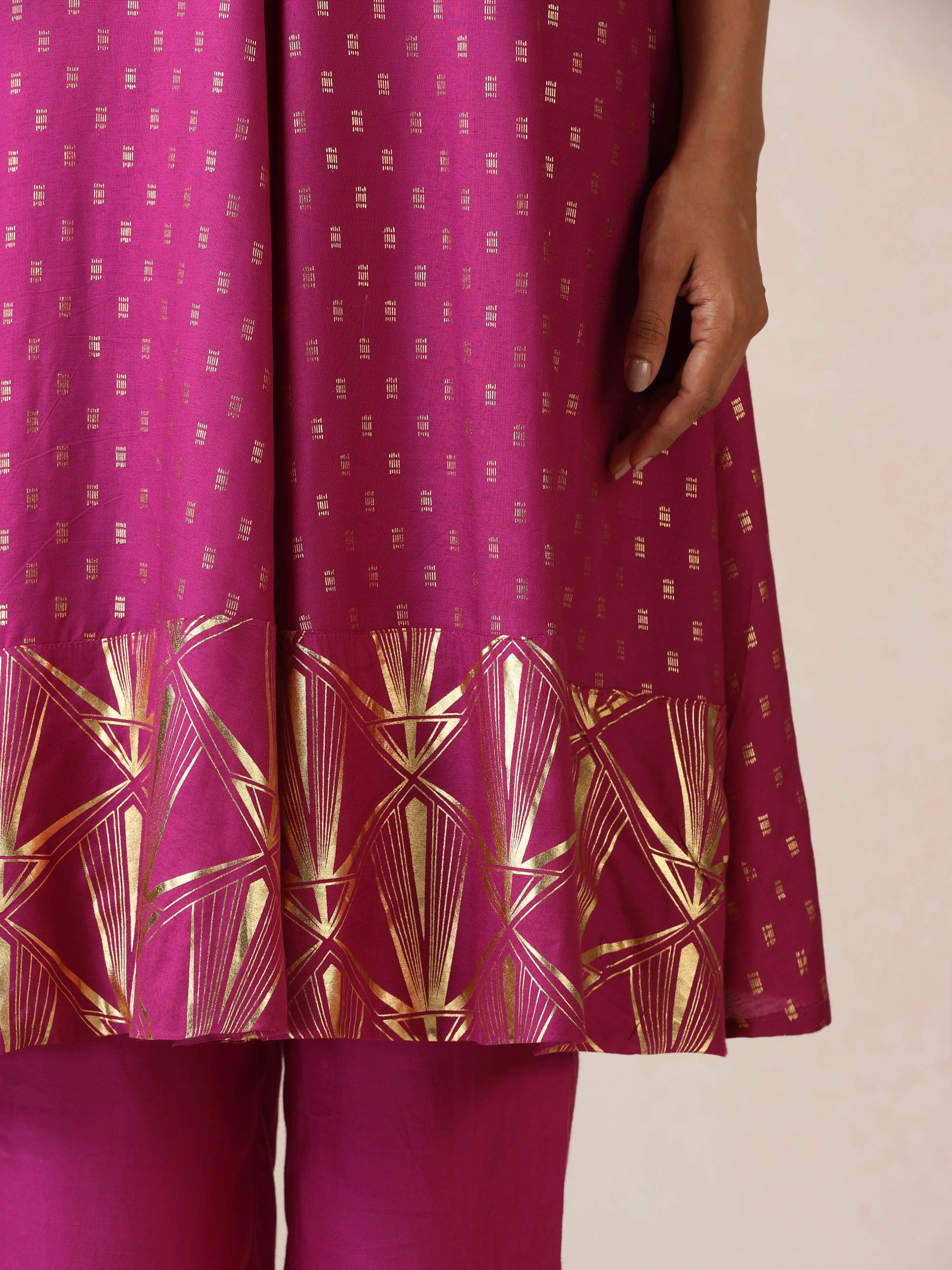 trueBrowns Pink Gold Foil Print Muslin Silk Flared Kurta Set