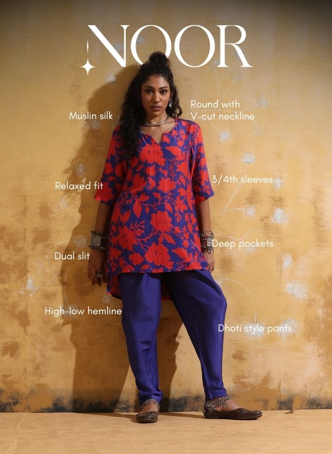 trueBrowns Purple Red Jaal Print Muslin Silk Dhoti Co-ord Set