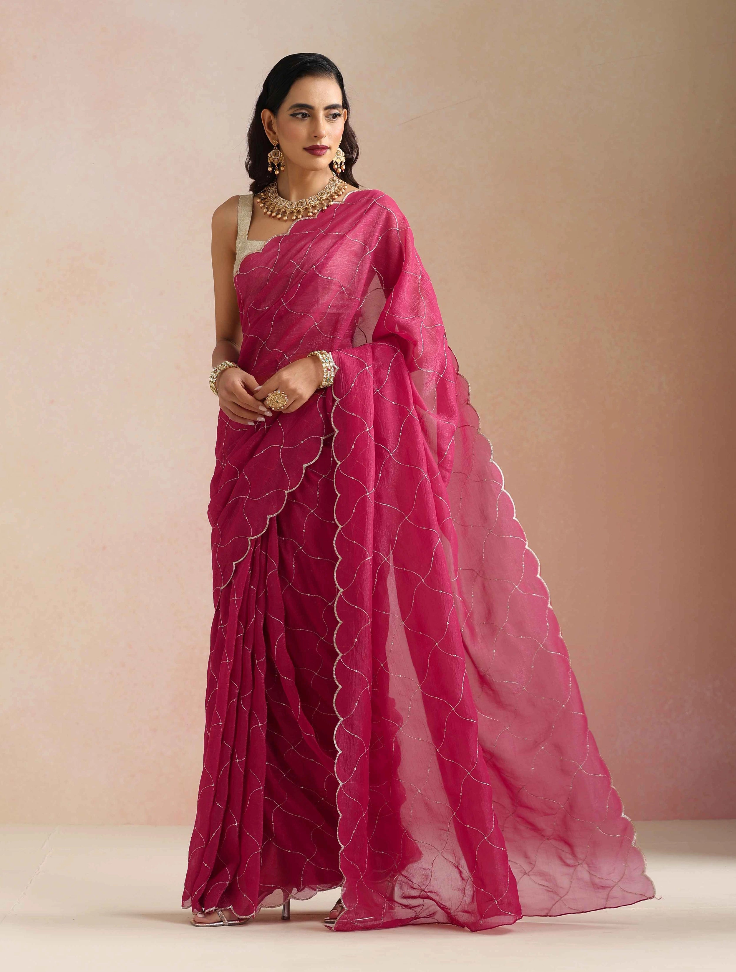 trueBrowns Pink Zari Jaal Embroidered Saree With Unstitched Blouse