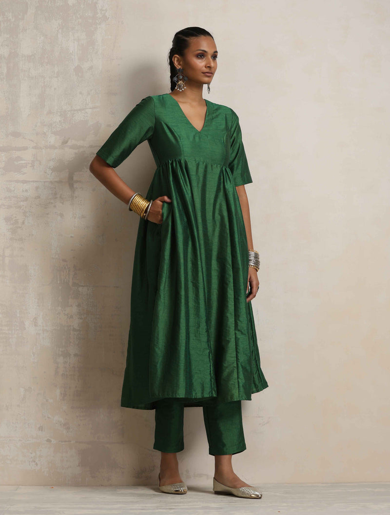 trueBrowns Dark Green Silk Anarkali Flared Kurta Set