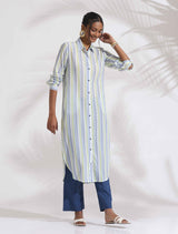 trueBrowns White Cotton Multi Stripe Shirt Kurta Set