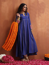 trueBrowns Blue Stripe Flared Anarkali Kurta Set