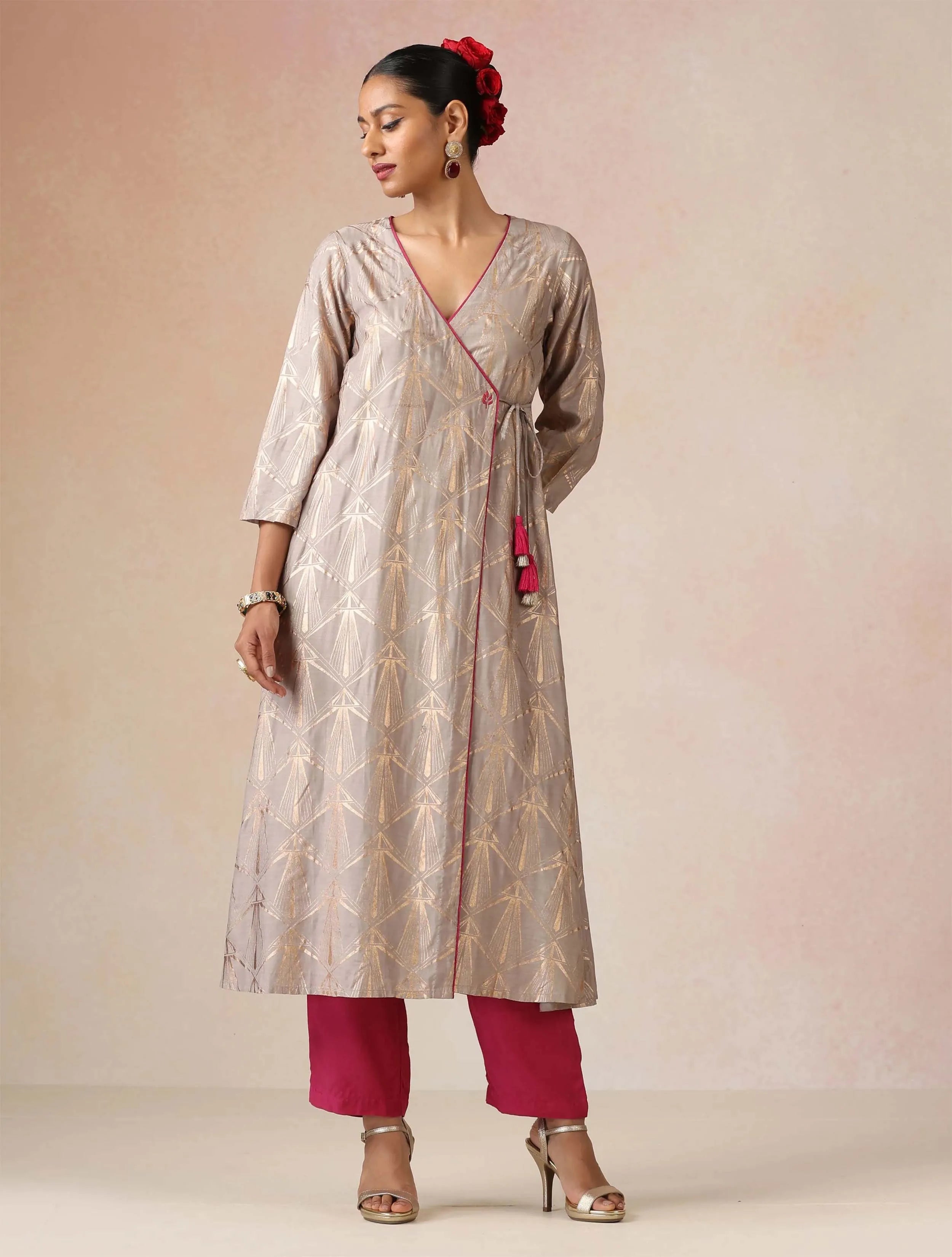 trueBrowns Grey Rose-Gold Foil Print Angrakha Kurta Set