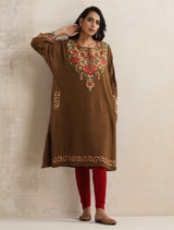 trueBrowns Brown Kashmiri Floral Embroidered Woollen Phiran Kurta