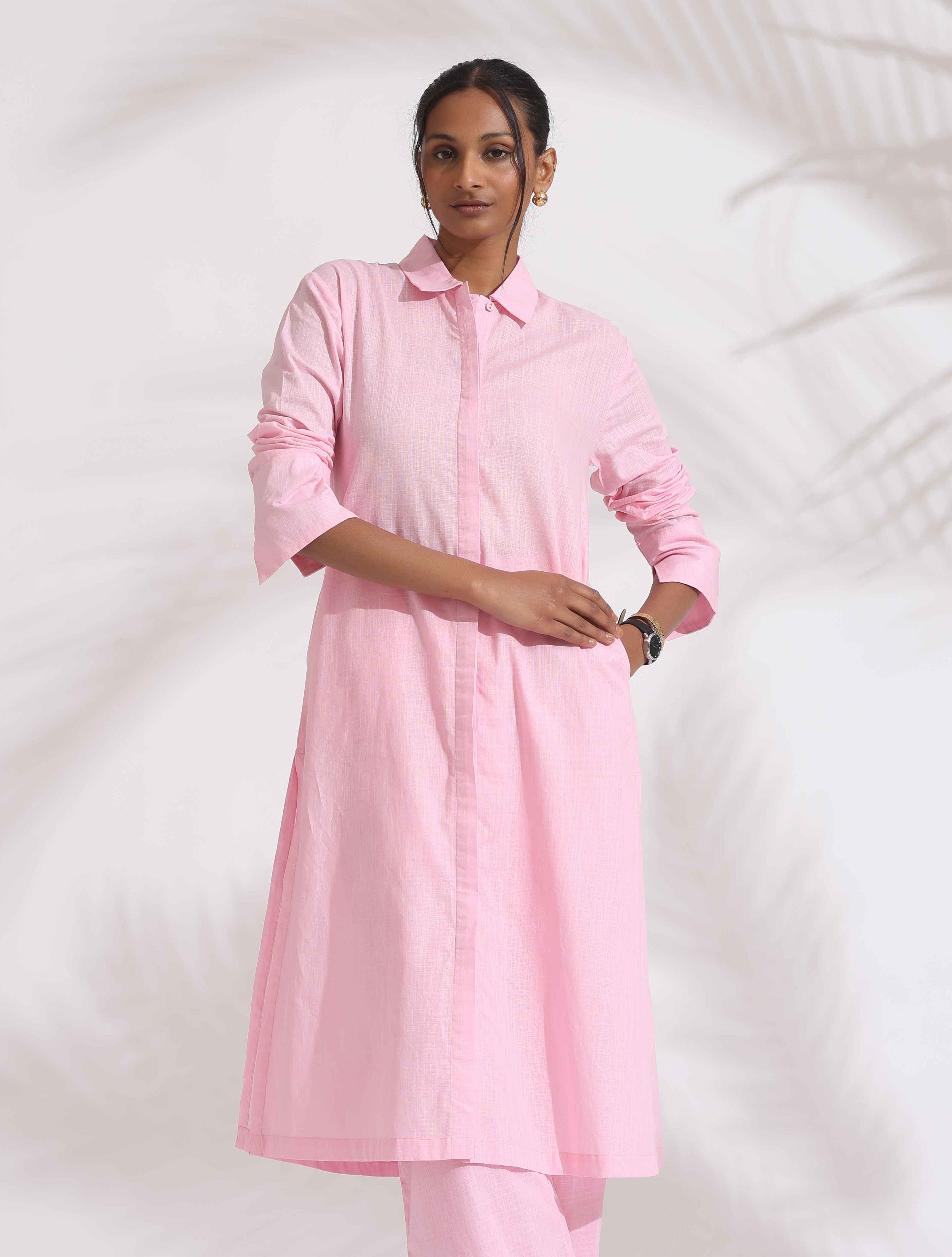 trueBrowns Pink Cotton Embroidered Kurta Set