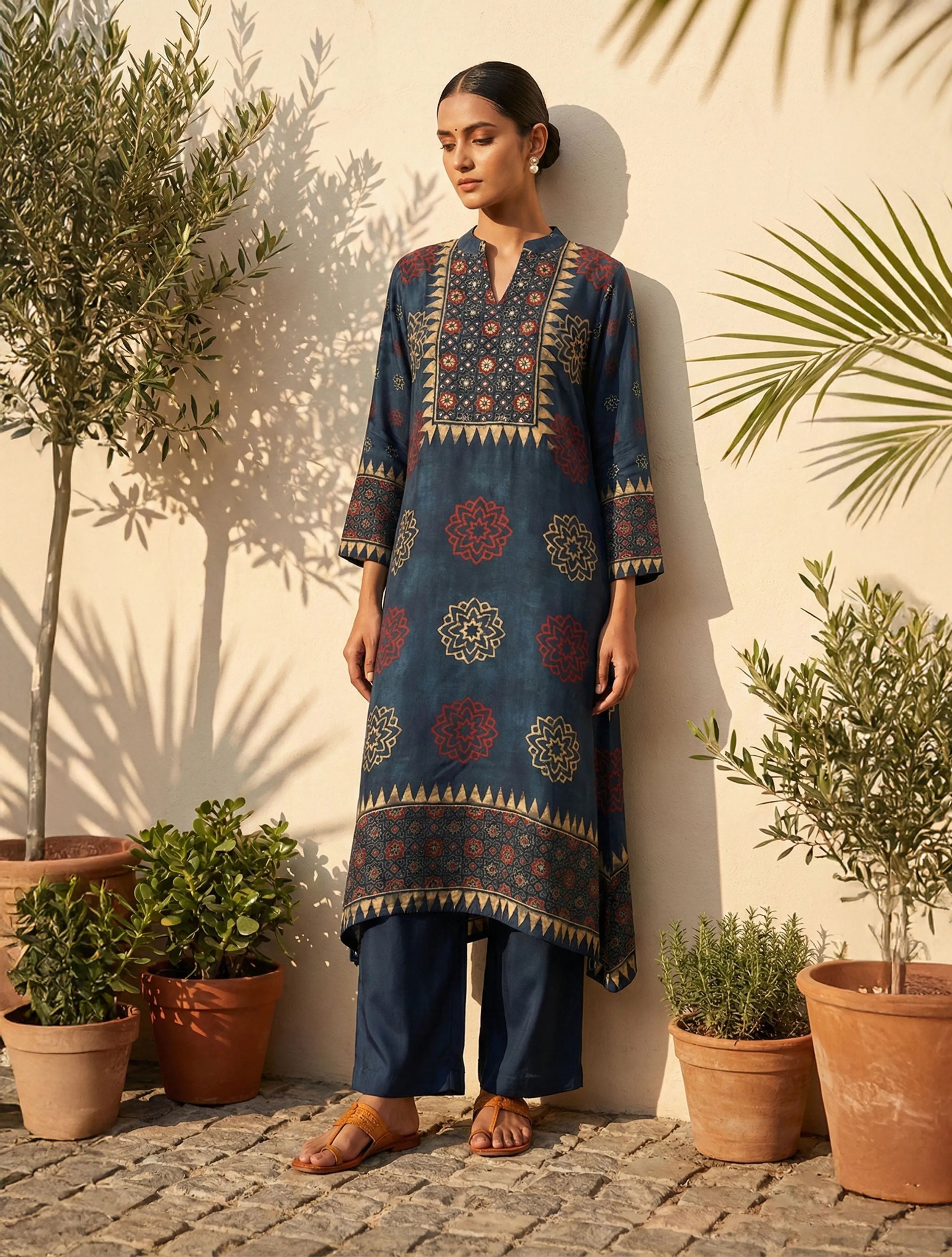 trueBrowns Blue Printed A-Line Kurta Pant Set