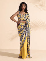 trueBrowns Yellow Muslin Ikat Saree