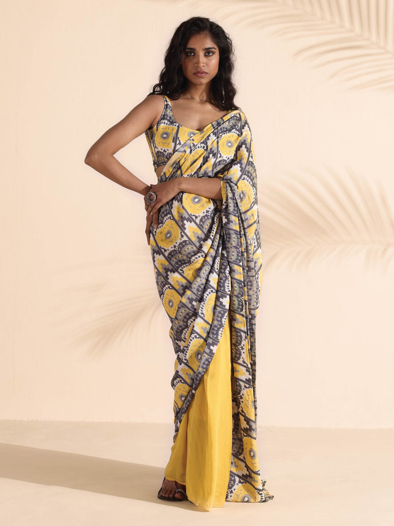 trueBrowns Yellow Muslin Ikat Saree